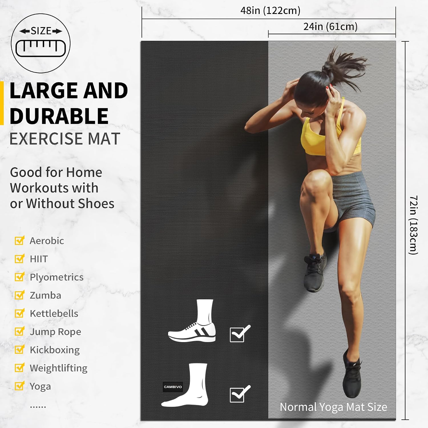 Detalle de CAMBIVO 6x4 ft Large Exercise Mat, 7 mm Non-Slip PVC, Shoe-Friendly