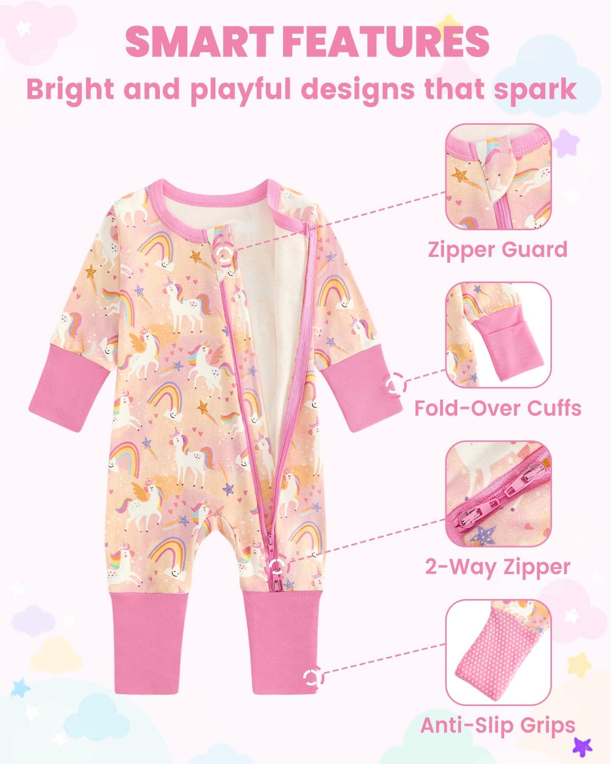 Detalle de JiAmy 2 Pack Baby Sleepsuits: Cotton, Two-Way Zip, Foldable Feet for 0–24 Months