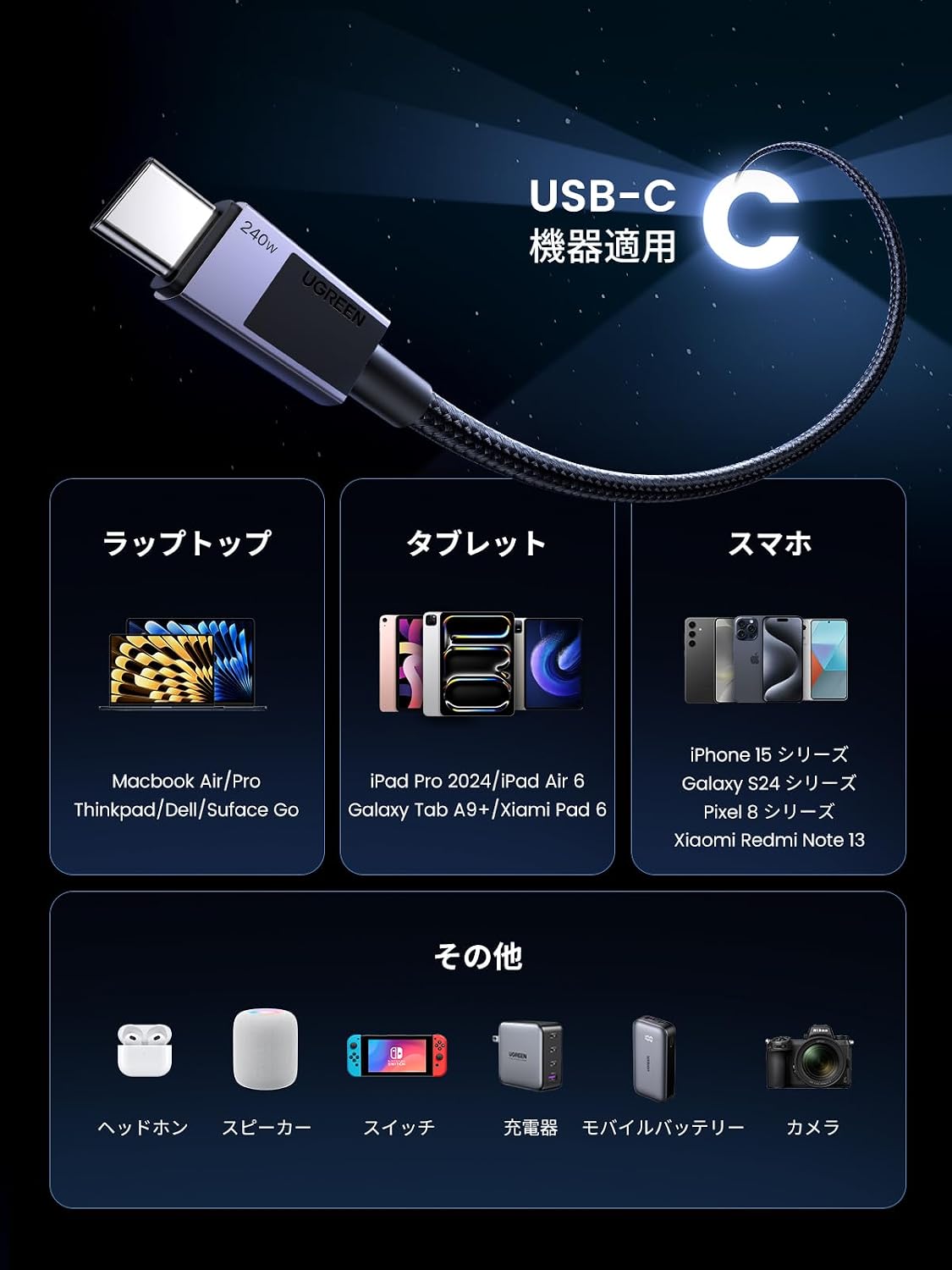 Thumbnail 6 de UGREEN 45066 USB-Cケーブル 240W PD3.1対応・0.5m・ナイロン編み