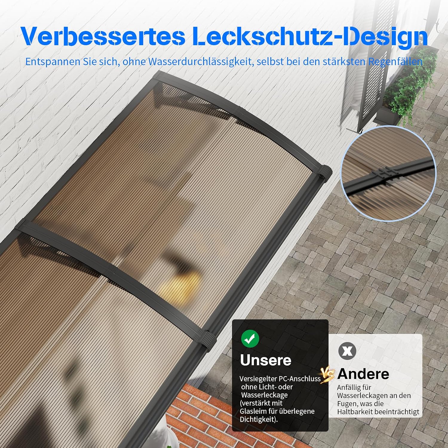 Thumbnail 3 de Vordach für Haustür 150x100 cm von GGNEBAI – Polycarbonat-Pultvordach mit separatem Entwässerungskanal