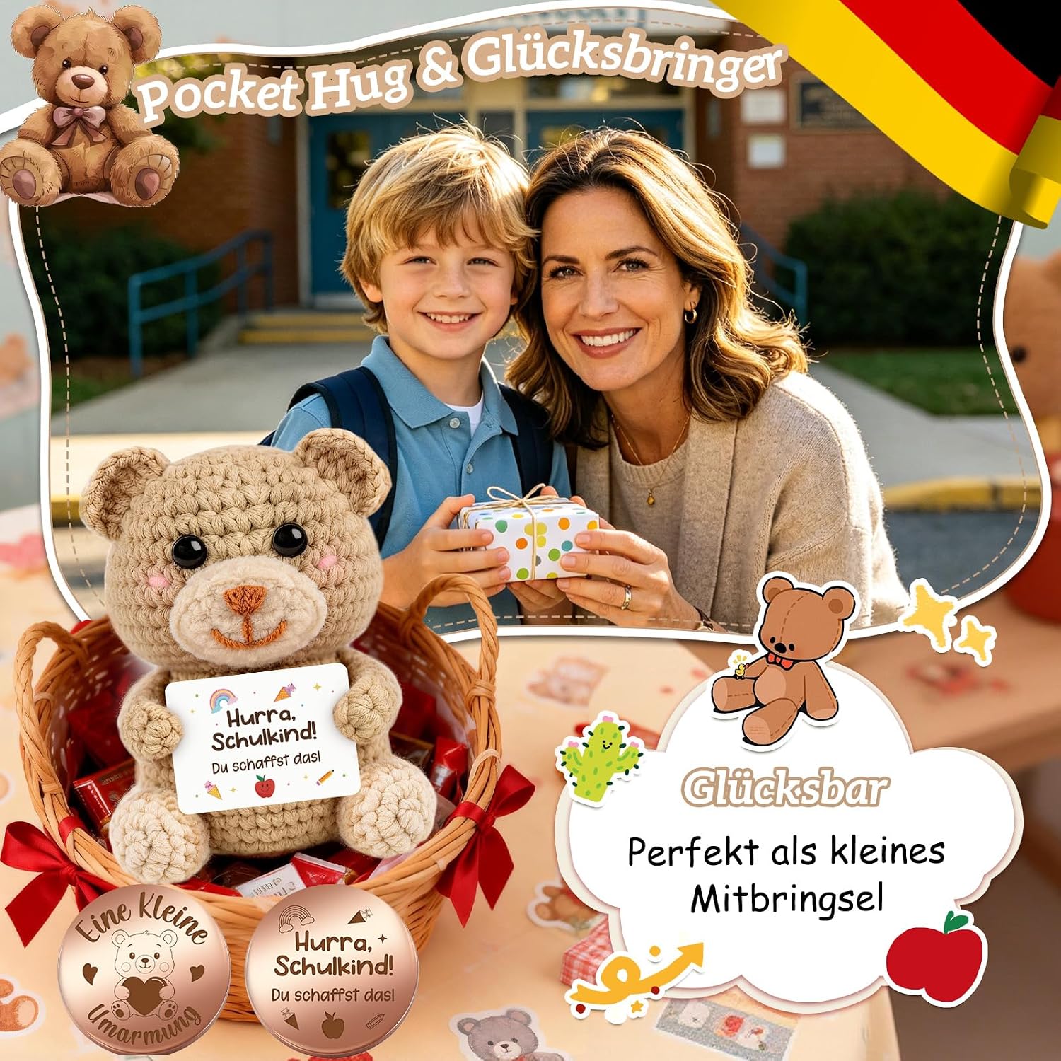 Detalle de Giftota Einschulung Geschenk: Häkel-Bär mit Glücksbringer – Mutmacher für den Schulstart