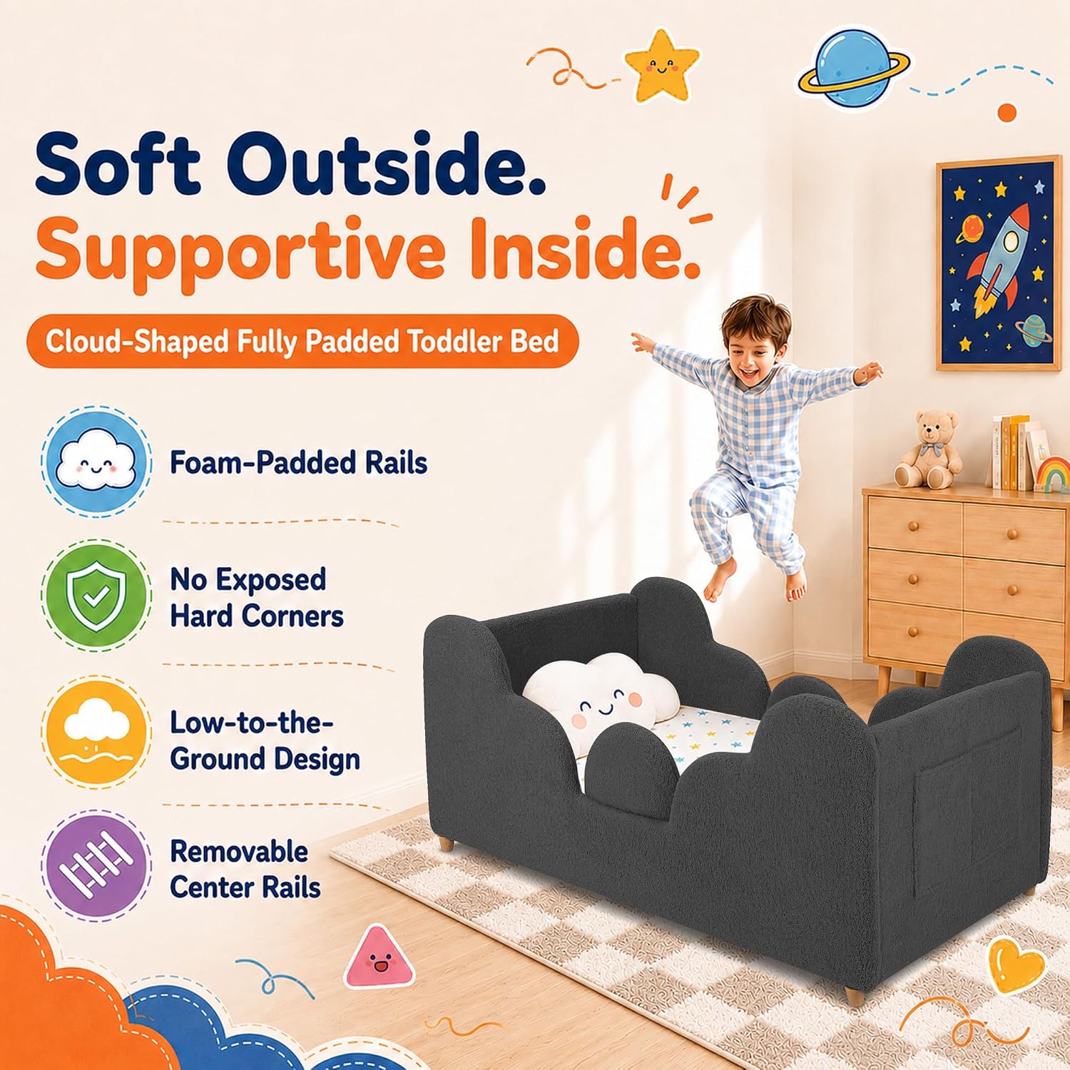 Detalle 2 de Ancelny Toddler Girl Floor Bed, Montessori Upholstered Bed with Removable Rails