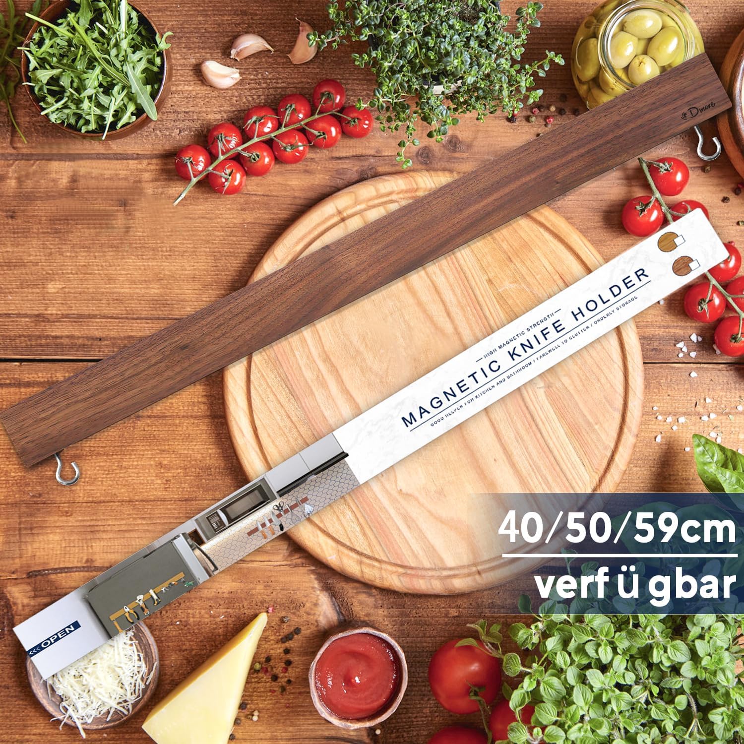 Detalle de Dmore Magnetleiste für Messer (50 cm) mit 2 Haken – magnetisch ohne Bohren aus Walnuss