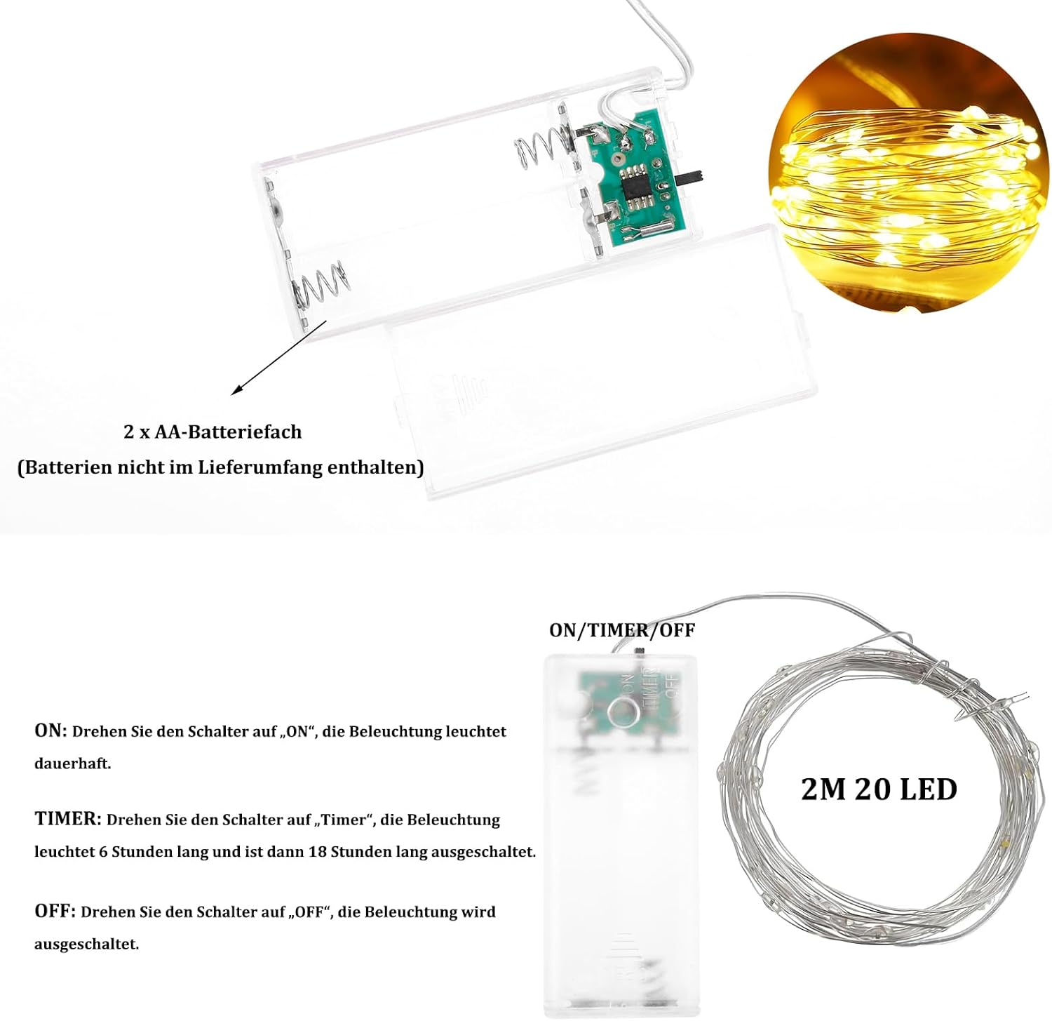 Detalle 2 de Kaleora 10er Lichterkette 2 m mit Timer – 20 warmweiße LEDs auf Kupferdraht, batteriebetrieben