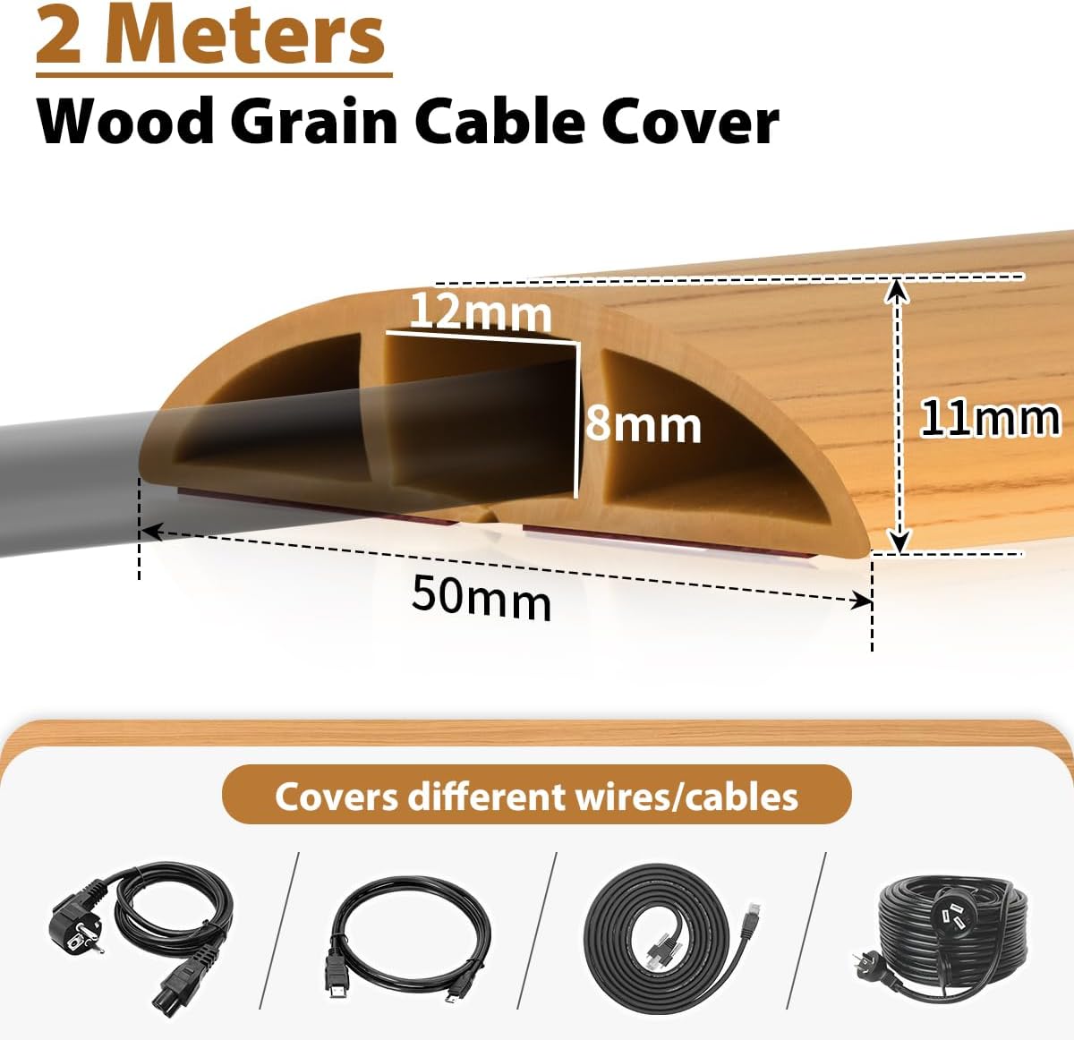 Detalle de 2m Wood Grain Floor Cable Cover: Self-Adhesive, 2M x 50mm Cable Tidy Protector