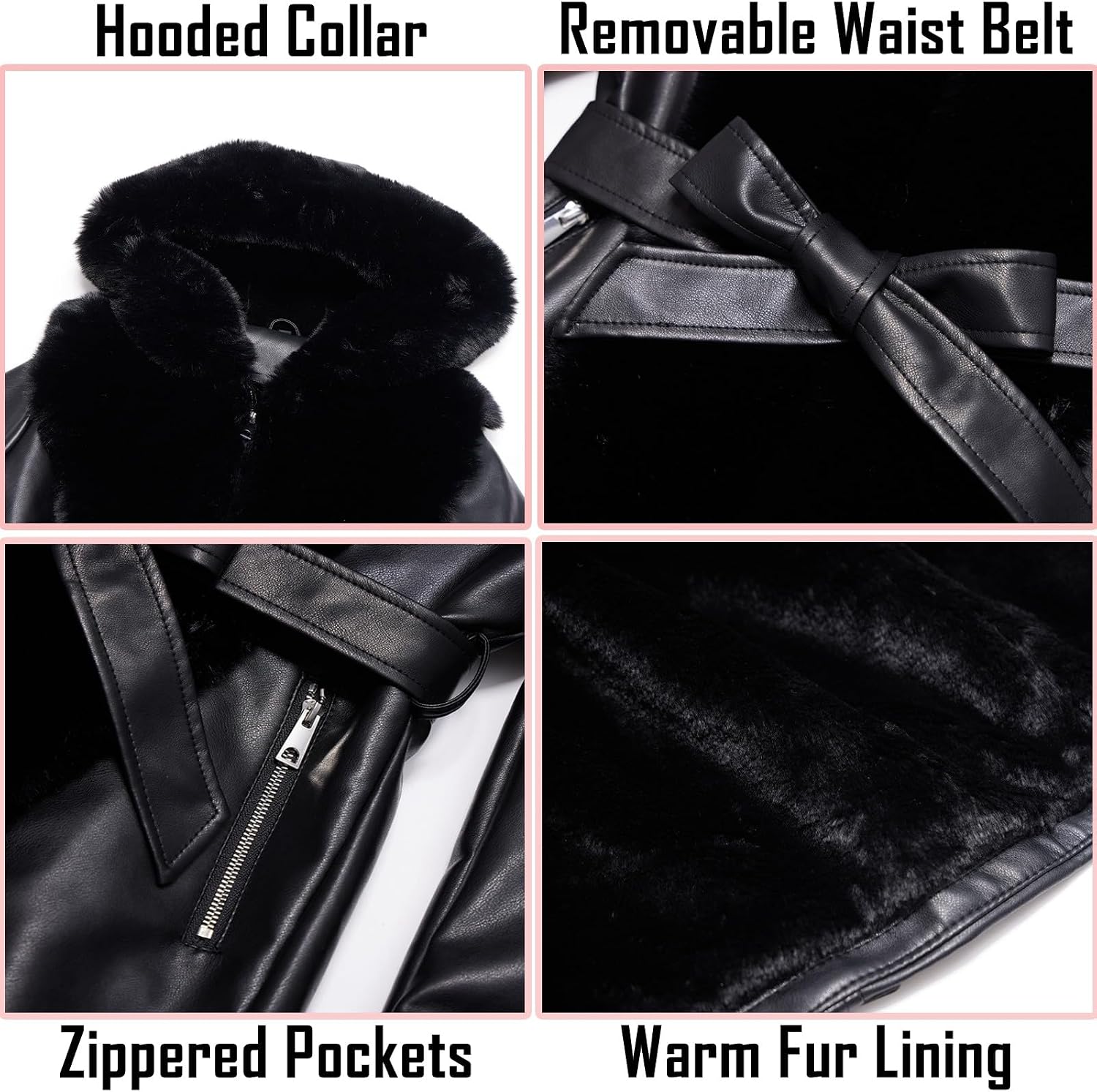 Detalle 1 de RISISSIDA Women's Fur-Lined Faux Leather Winter Coat with Hood and Belt