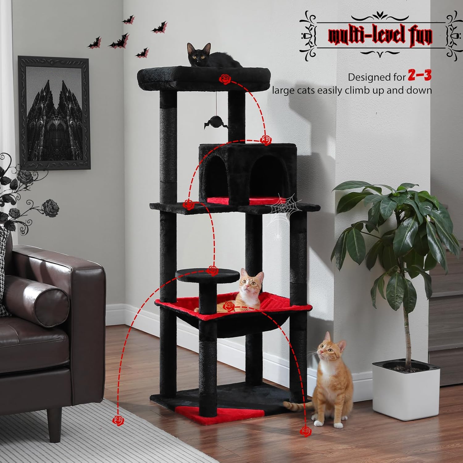 Thumbnail 6 de PAWZ Road 143cm cat tree with metal frame, big hammock and 2-door condo house (black)