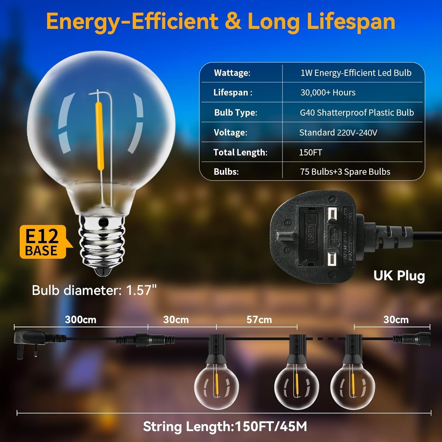 Thumbnail 1 de AVANLO Outdoor String Lights 150ft (45.7m) mains-powered festoon lights with 75+3 shatterproof G40 LED bulbs