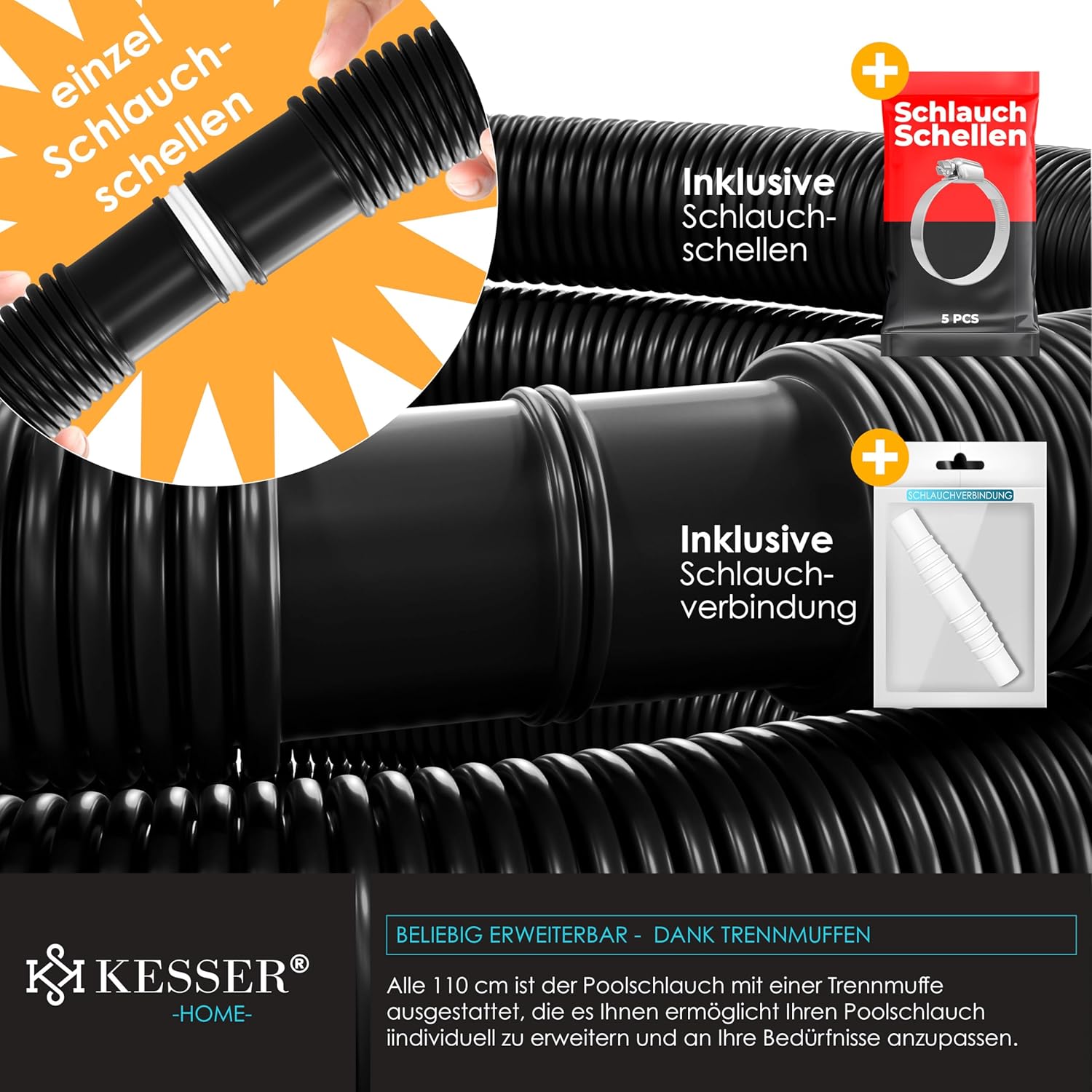 Thumbnail 3 de KESSER® Poolschlauch 12 m, Ø 32 mm – flexibler Schwimmbad-, Saug- und Pumpenschlauch mit Muffen (inkl. Schlauchschellen)