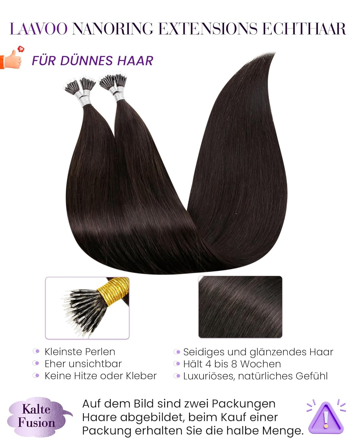 Detalle 2 de LaaVoo Nano-Ring Extensions aus Remy-Echthaar, dunkelbraun (40 cm, 50 g, #2)
