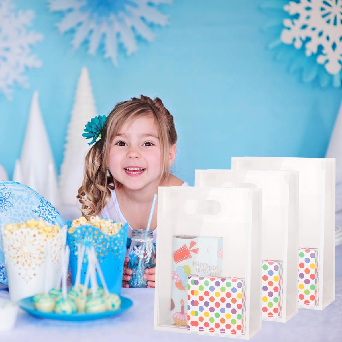 Detalle de Medium Gift Bags with Handle, 8 Pack – Clear PVC with Blue Ribbon Bow (Blue) for Festive Occasions