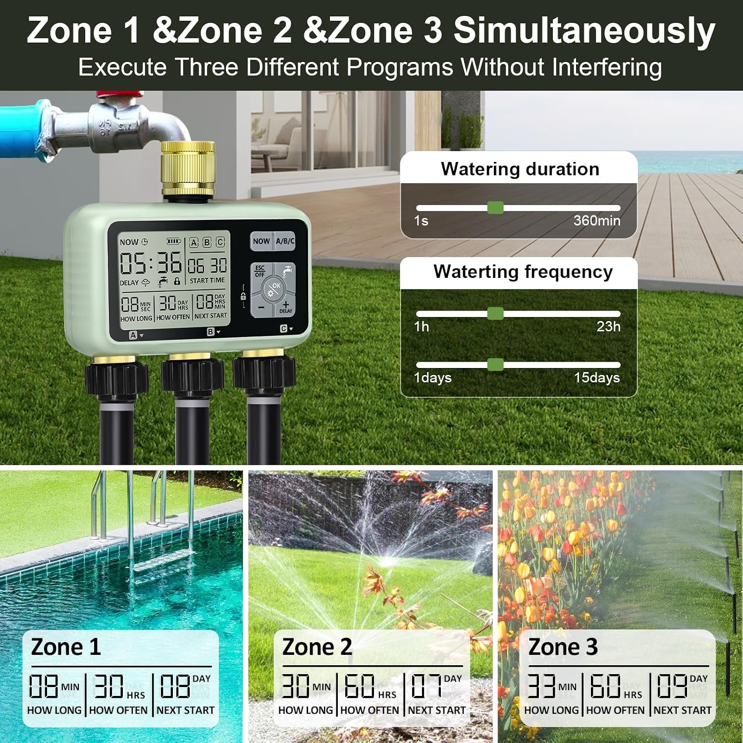 Detalle de Johgee Centralina di irrigazione a 3 uscite: controllo flessibile per giardino con ingresso/uscita in ottone
