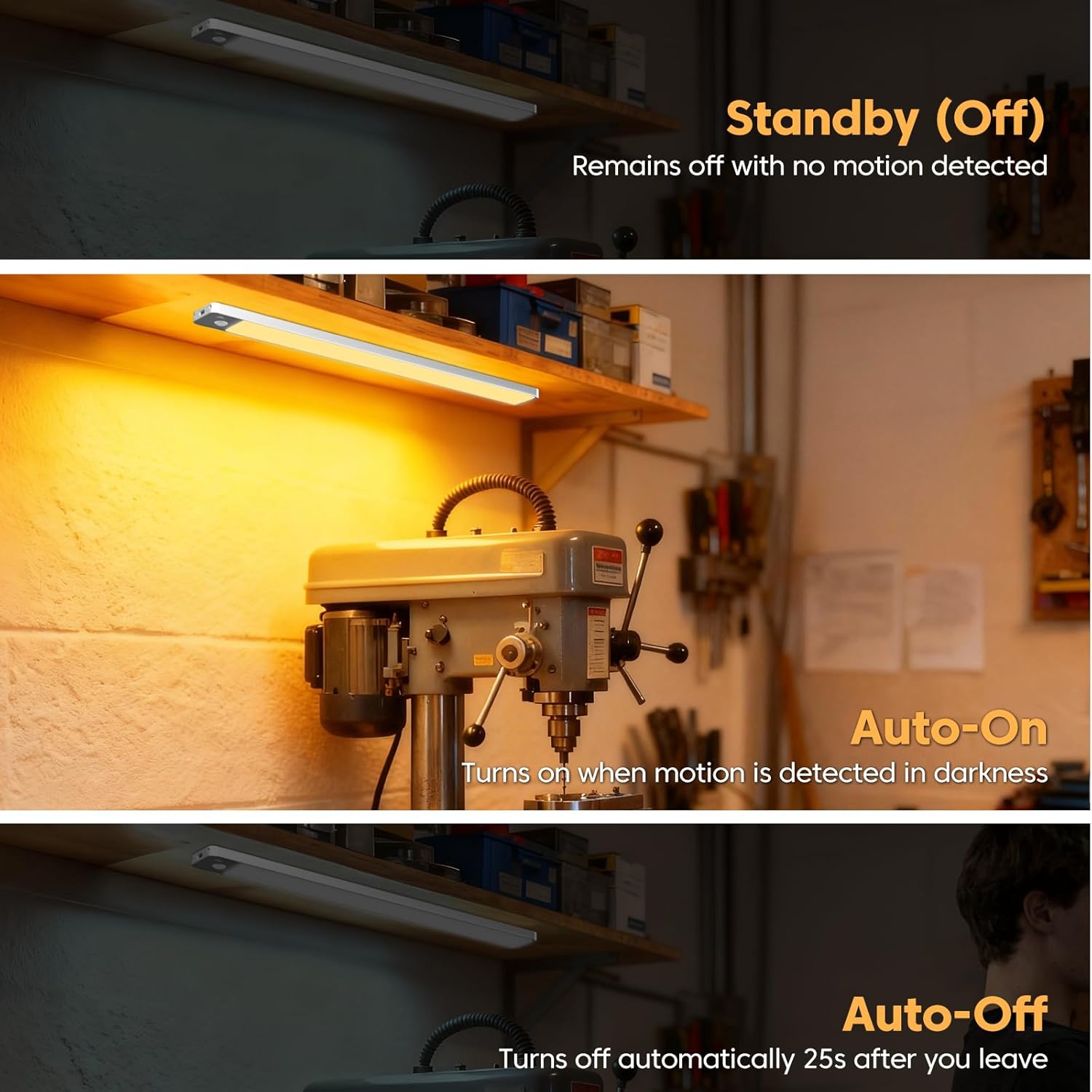 Detalle de 40cm Under Cabinet Kitchen Lights with Motion Sensor – 3 Colour Temperatures, 2500mAh USB-C Rechargeable (3-Pack)