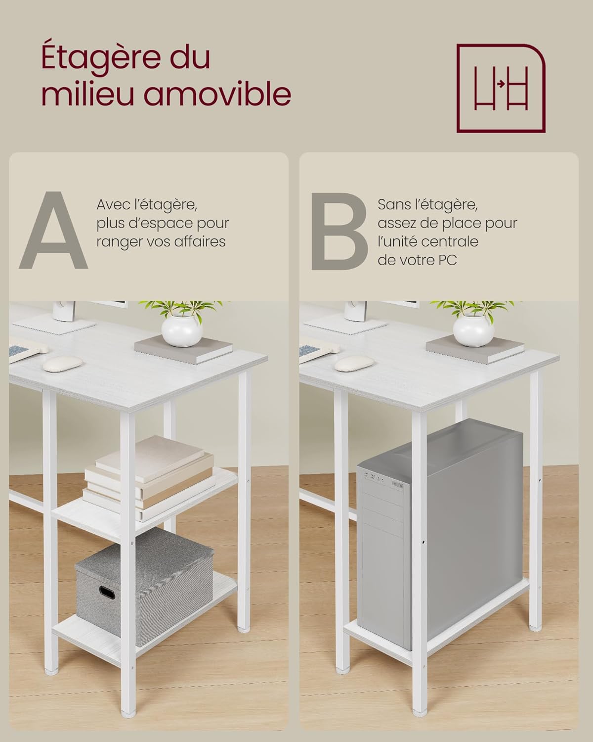 Thumbnail 4 de Bureau d’ordinateur en forme de L VASAGLE LWD072W44V2, 140 x 140 x 76 cm avec 2 étagères et gain de place