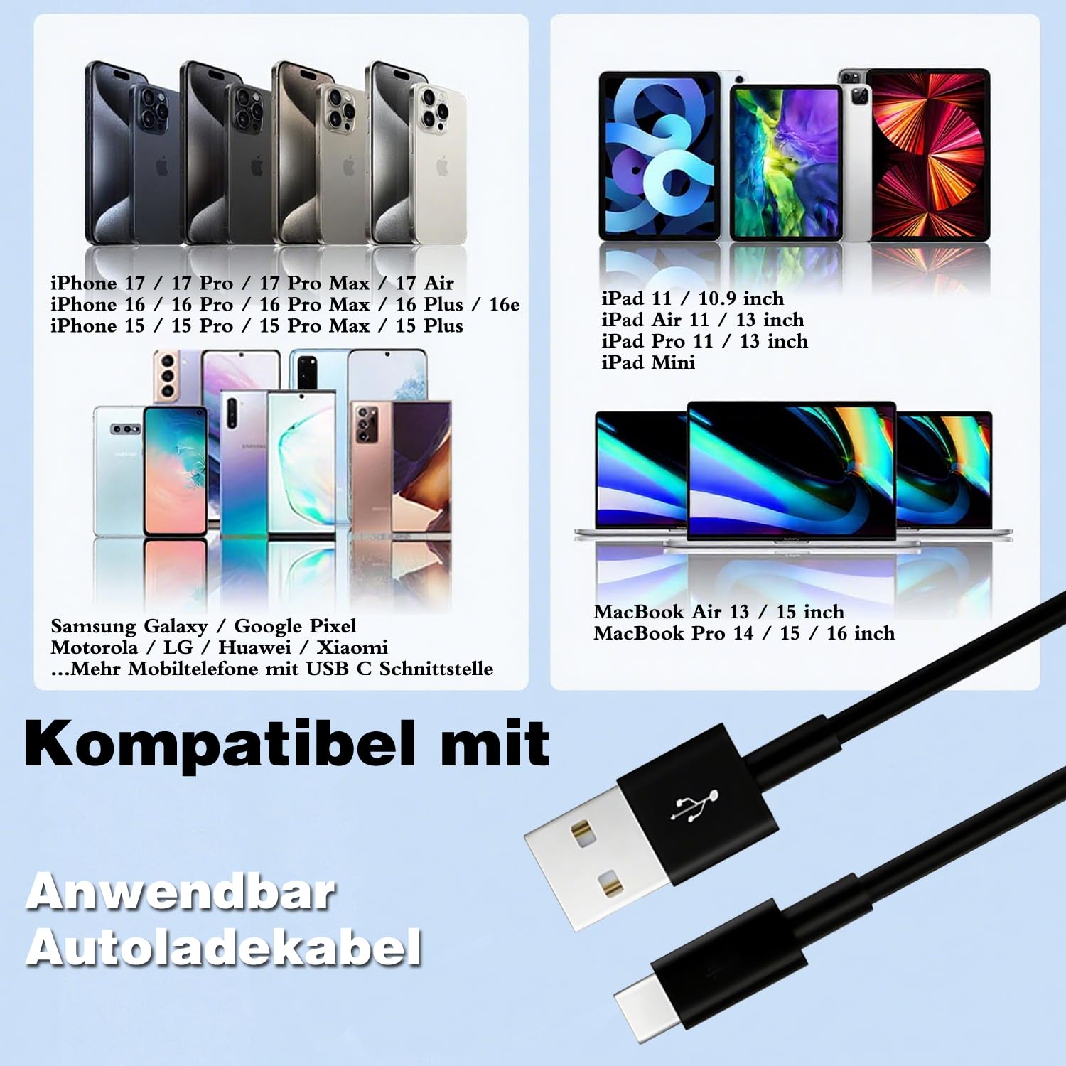 Thumbnail 4 de USB-C CarPlay Ladekabel 1 m (USB-A auf USB-C) 2er-Set für iPhone & Galaxy – Auto-Schnellladekabel