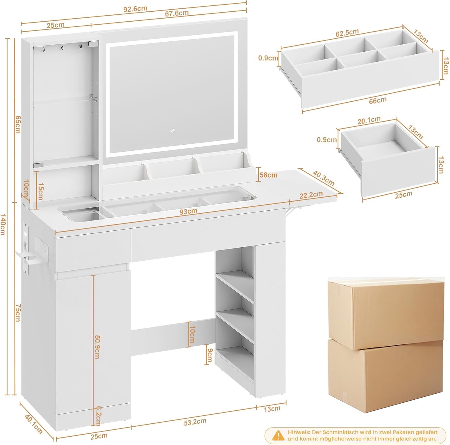 Thumbnail 4 de Dripex coiffeuse 115 cm blanche avec miroir éclairé et prises intégrées, plateau en verre
