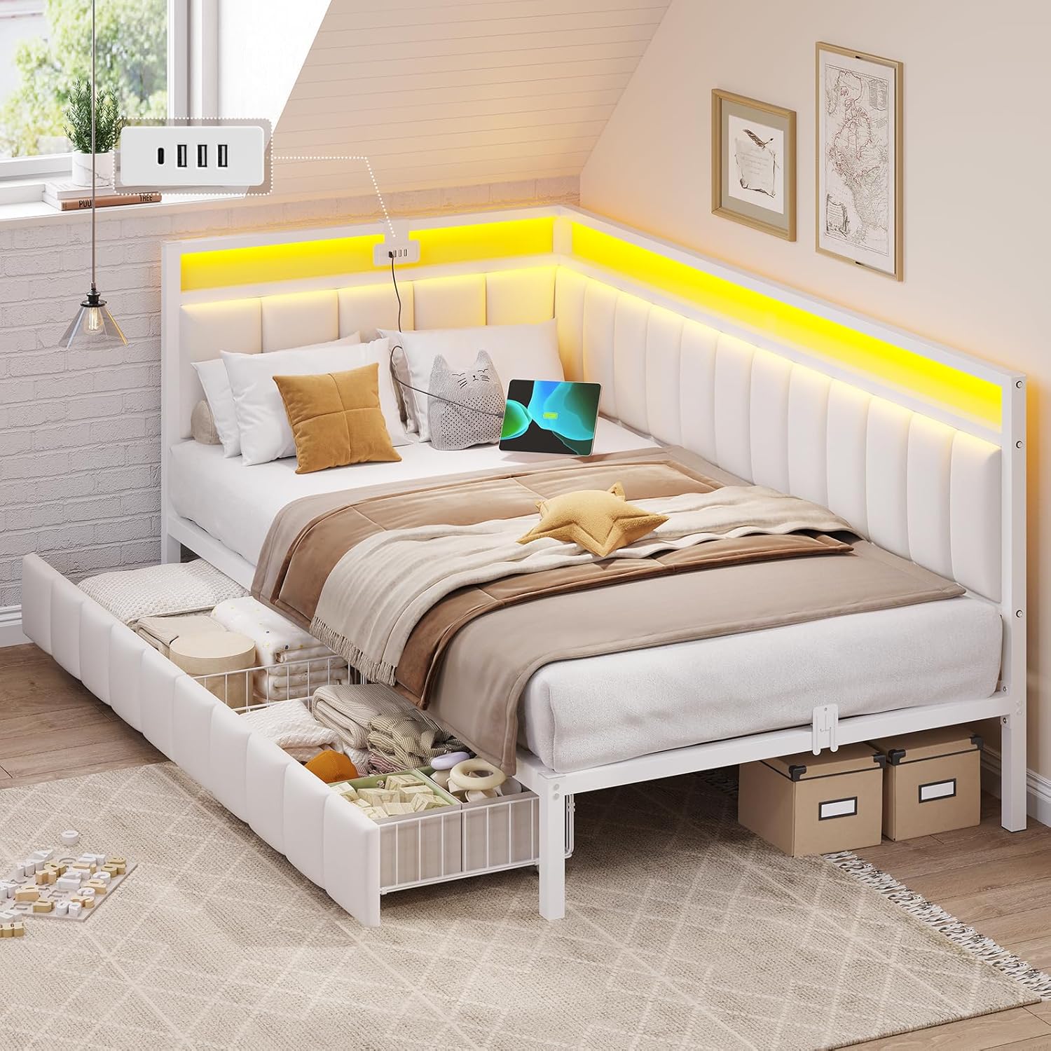 Detalle de DICTAC Jugendbett 90x200 mit LED-Beleuchtung und USB-Ladestation – Schlafsofa, Eckdesign aus Metall mit zwei Schubladen