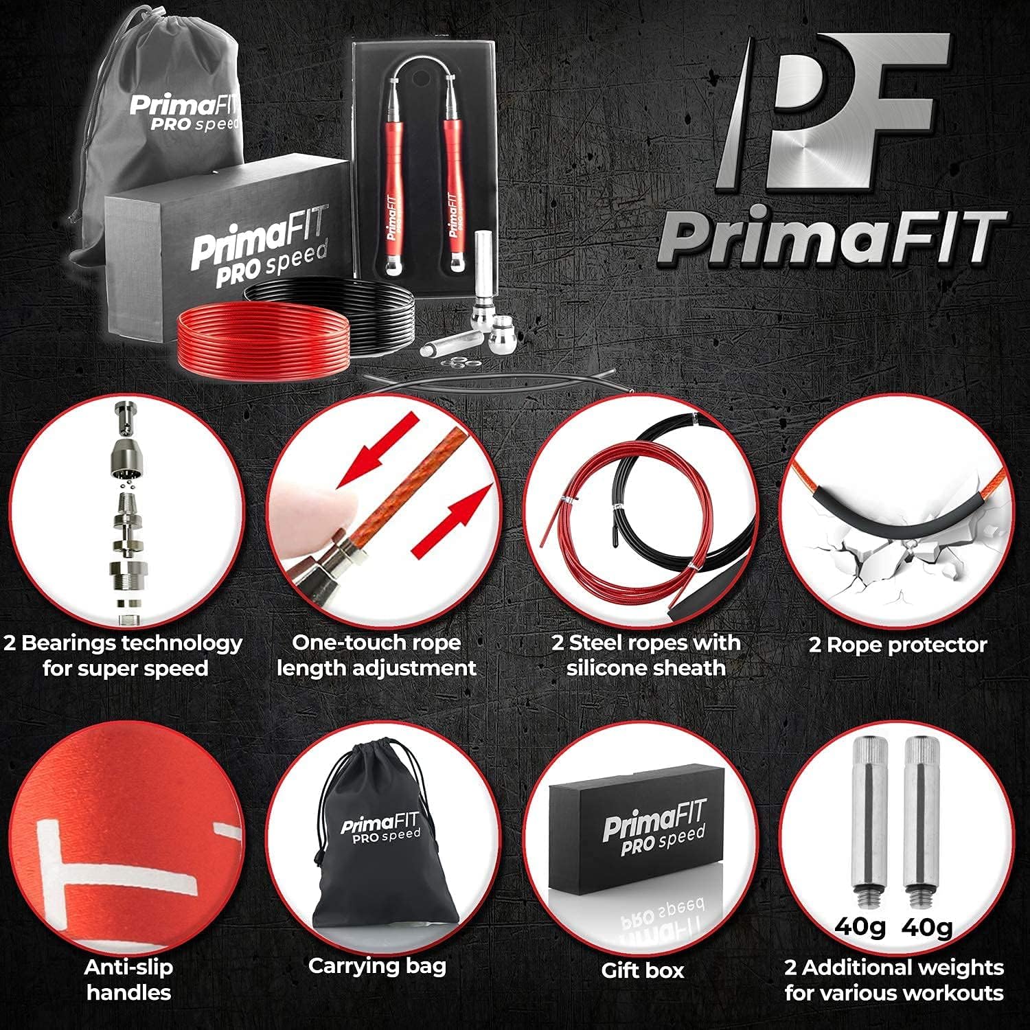 Thumbnail 1 de PrimaFIT Fitness Pro Springseil für Erwachsene, 3 m, verstellbar mit Gewichten, 2 Kugellagern und Anti-Rutsch-Griffen