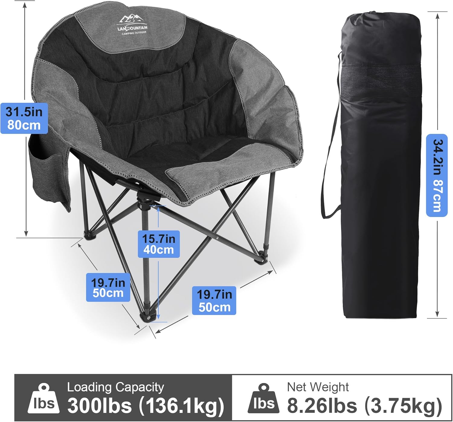 Thumbnail 1 de LANMOUNTAIN Moon Camping Chair – Portable Round Folding Chair with Cup Holder & Cooler Bag (Black)