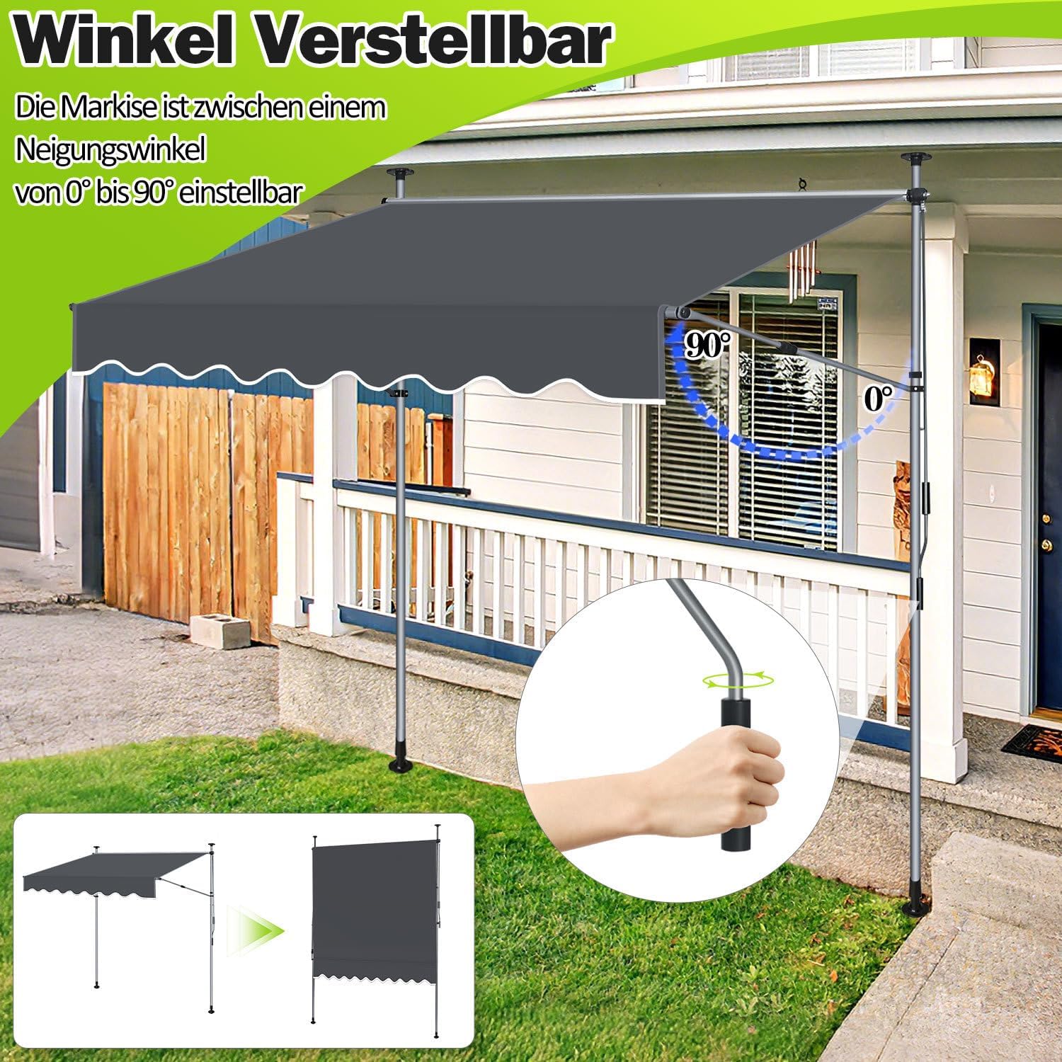 Thumbnail 4 de Ikodm Klemmmarkise 400 cm breit mit Handkurbel – balkonmarkise ohne Bohren, UV-beständig und höhenverstellbar