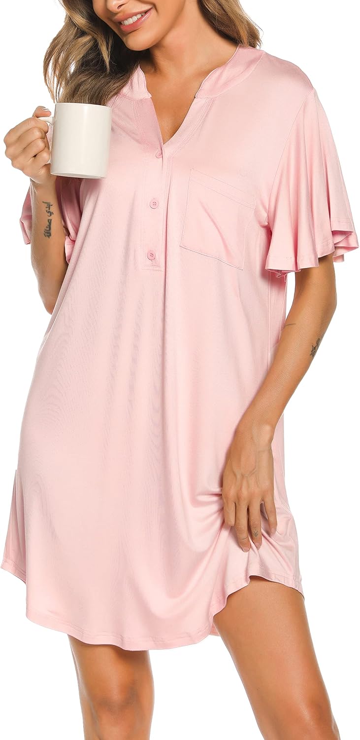 Thumbnail 3 de Wikoan Camicia da notte donna in modal con bottoni e tasche, corto con maniche 3/4 (S–XXL)