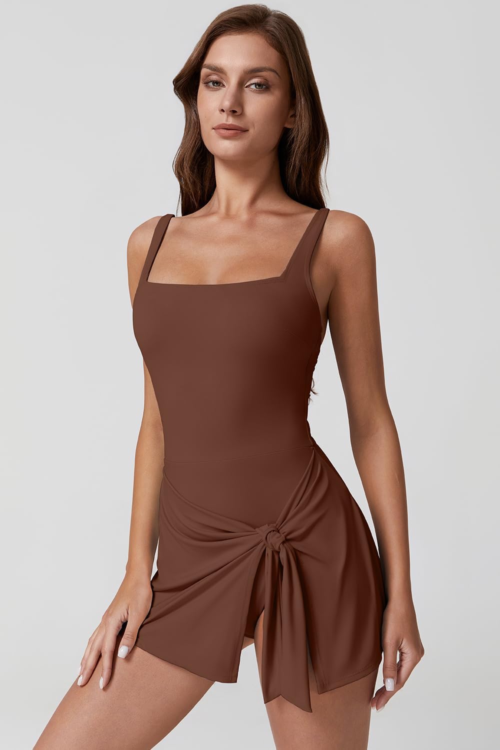 Detalle de QINSEN Square Neck Swim Dress Tummy Control One-Piece Swimsuit