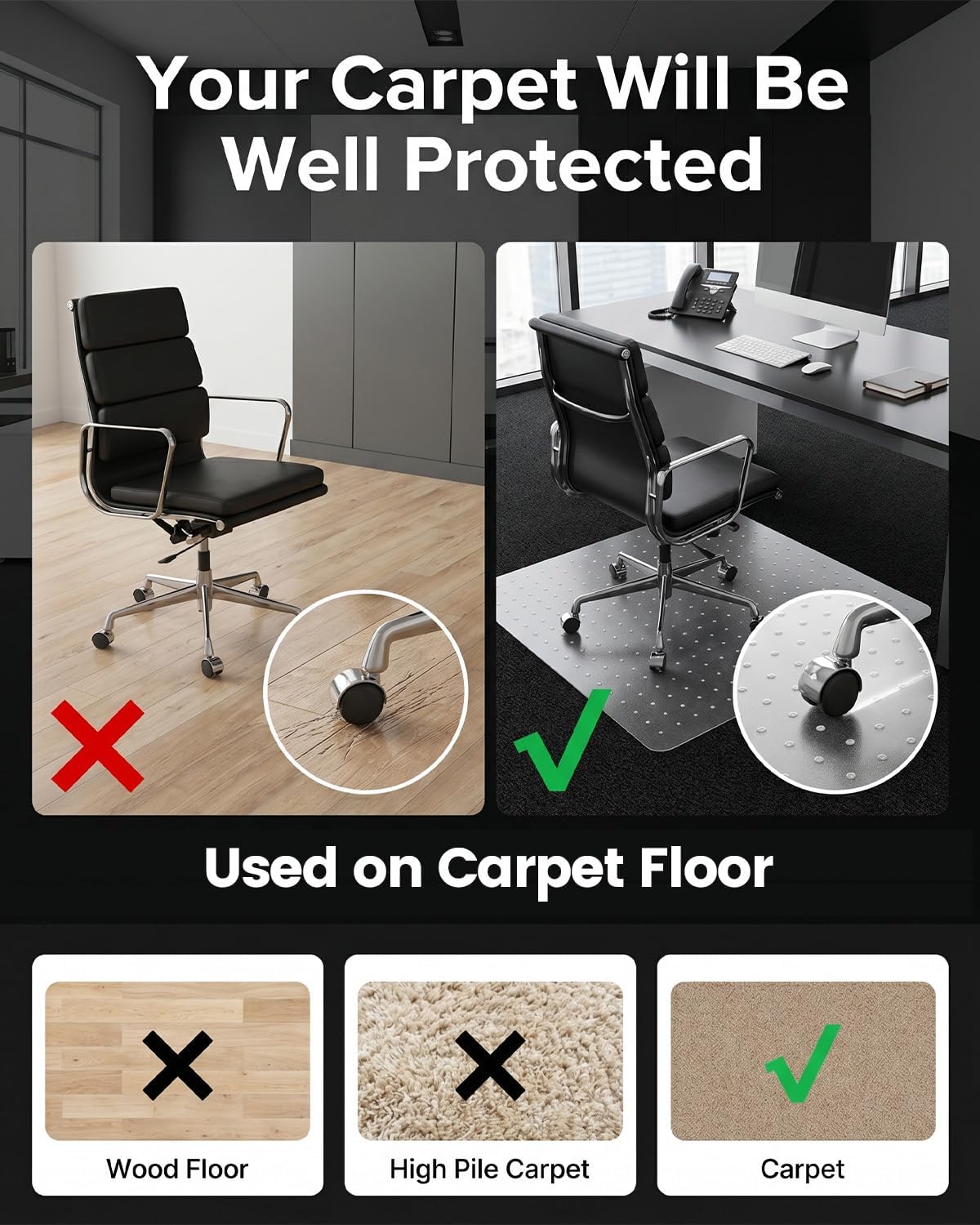 Thumbnail 2 de PVC Office Chair Mat for Carpet Floors 90x120 cm – Clear, Non-Slip, 2.2 mm Thick