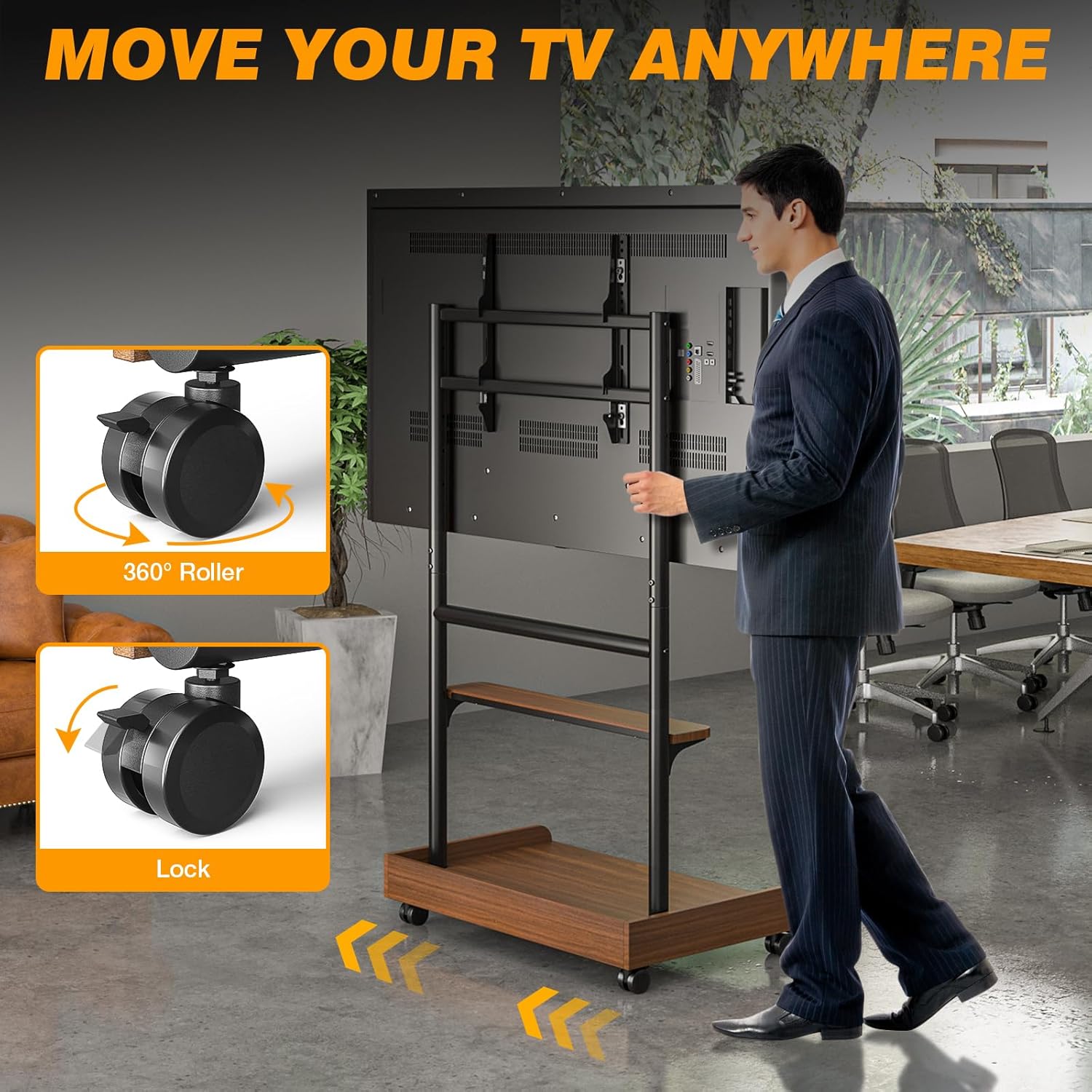 Thumbnail 3 de TVON Support TV sur pied roulant réglable (40 à 86 pouces) avec étagère et base en bois