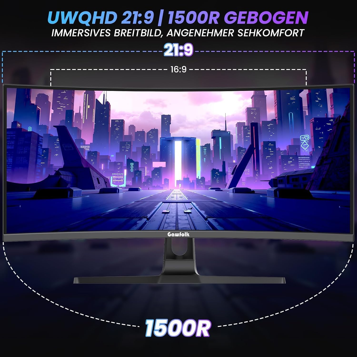 Detalle de Gawfolk Gaming Curved Monitor 34 Zoll – UWQHD, 240 Hz, 1500R