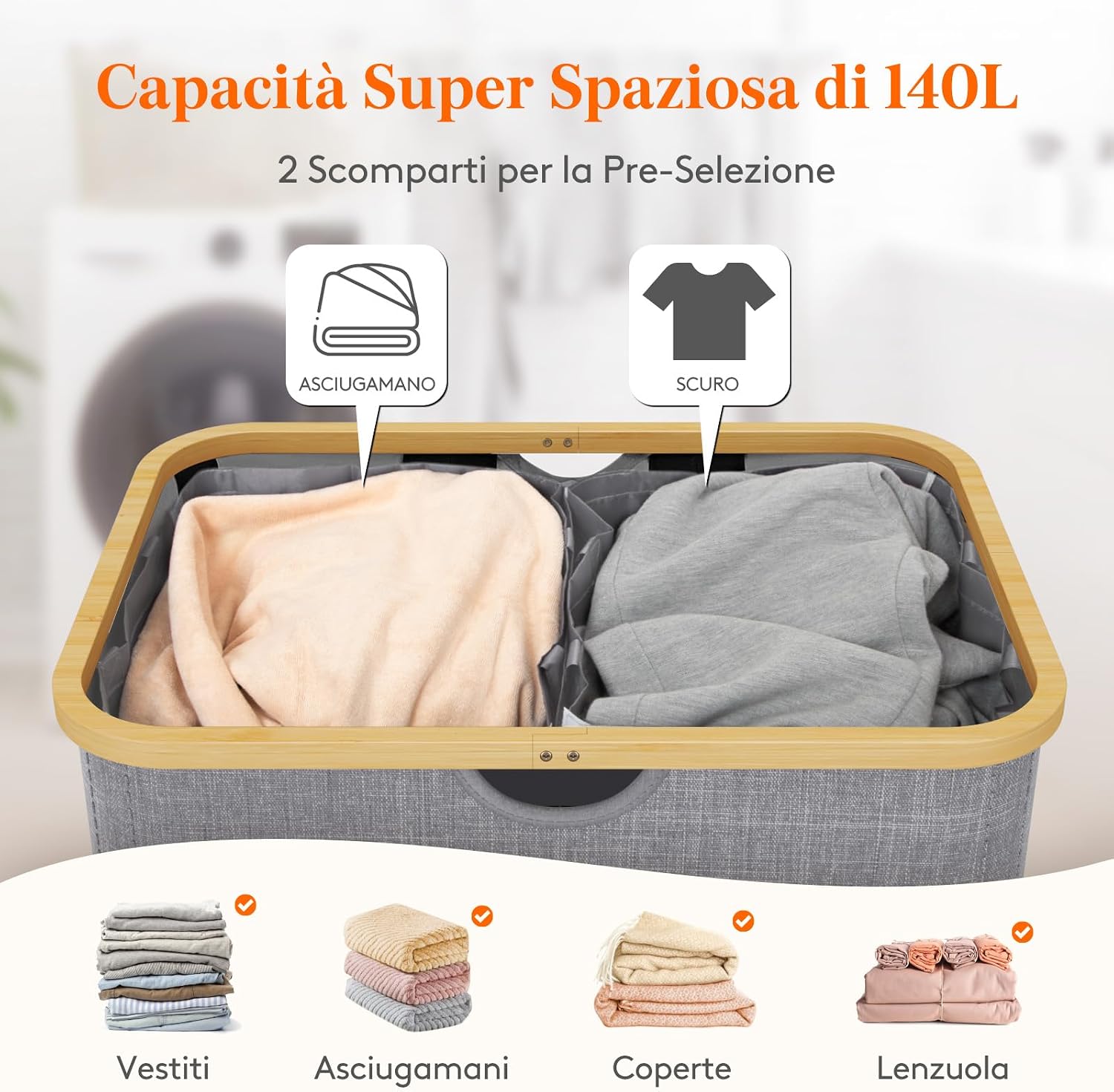 Detalle de Lifewit 23156 140L Laundry Hamper with Lid, Two Compartments, Light Grey