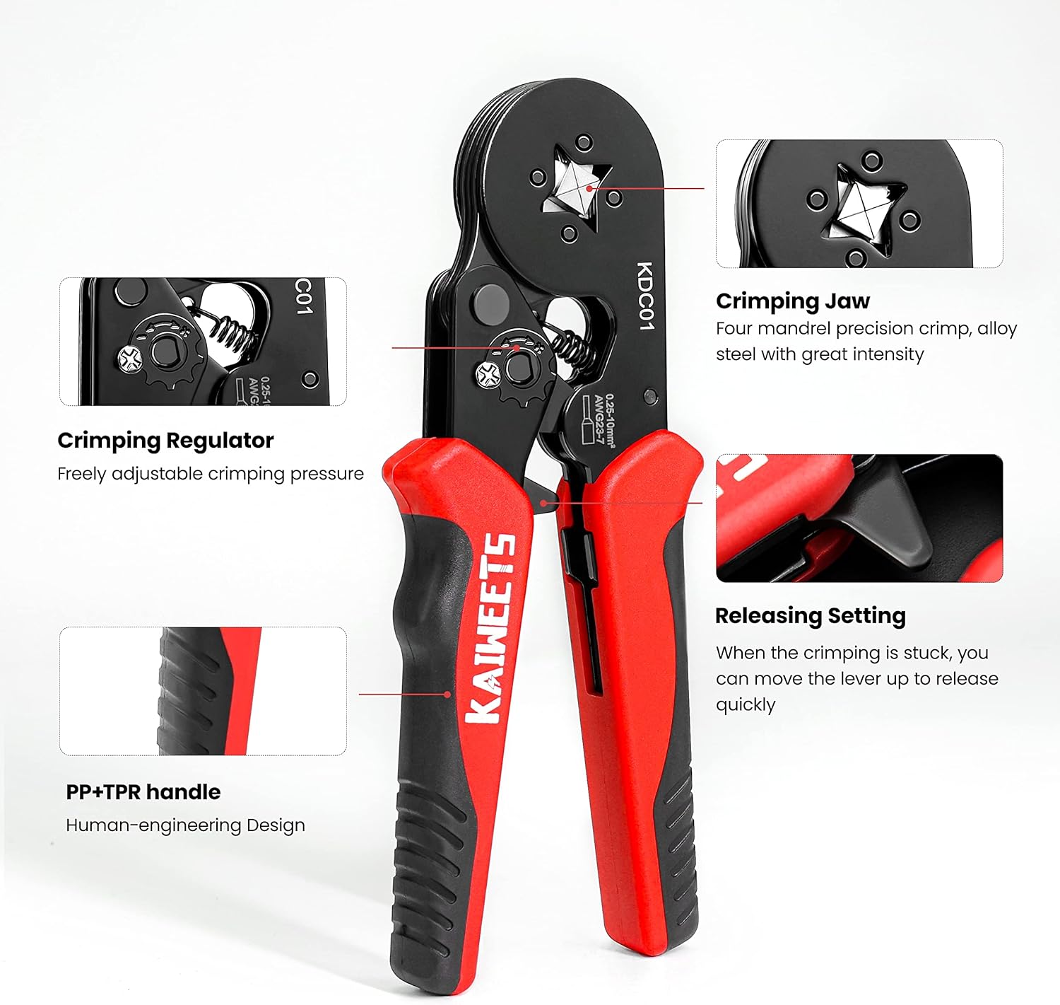 Detalle de KAIWEETS self-adjusting ratchet crimping tool set with 1200 ferrule terminals (0.25–10 mm² / AWG 23–7)