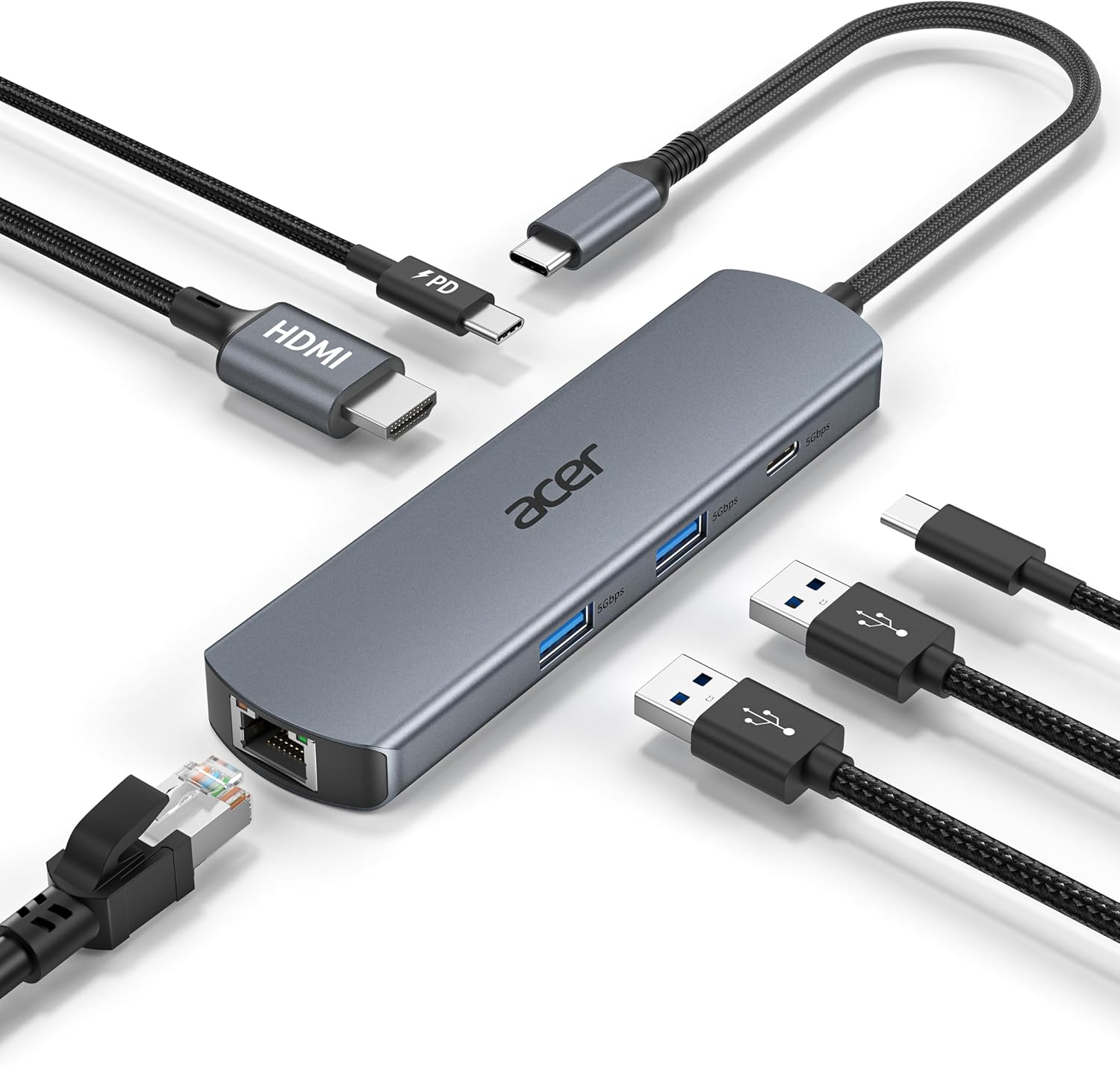 Detalle de Acer USB-C Hub 6-In-1: 1Gb Ethernet, 4K@60 HDMI, 2x USB-A, USB-C 5Gbps, 100W PD