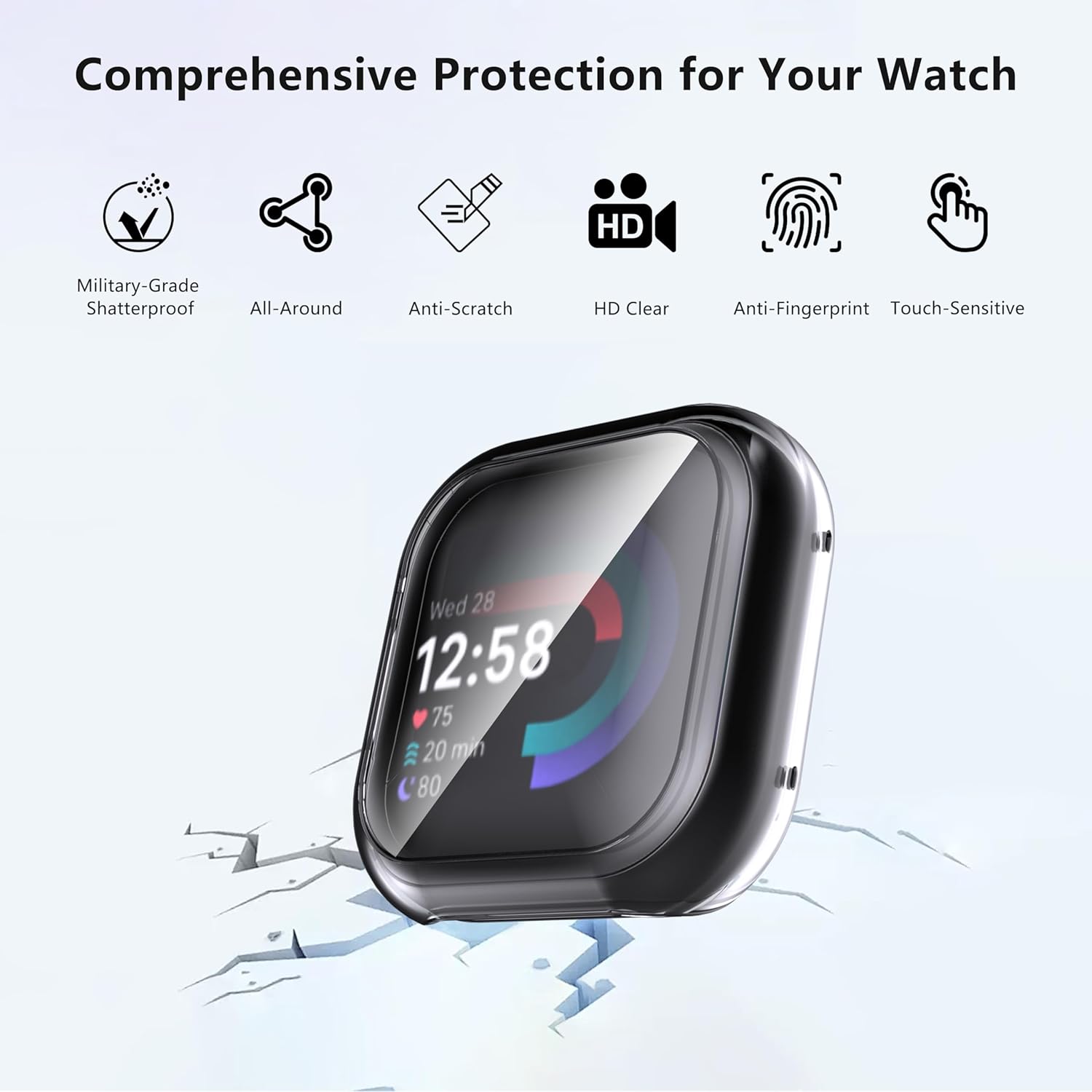 Thumbnail 1 de WFTE 2-pack case for Fitbit Versa 4 / Sense 2 with tempered glass screen protector (Black & Clear)