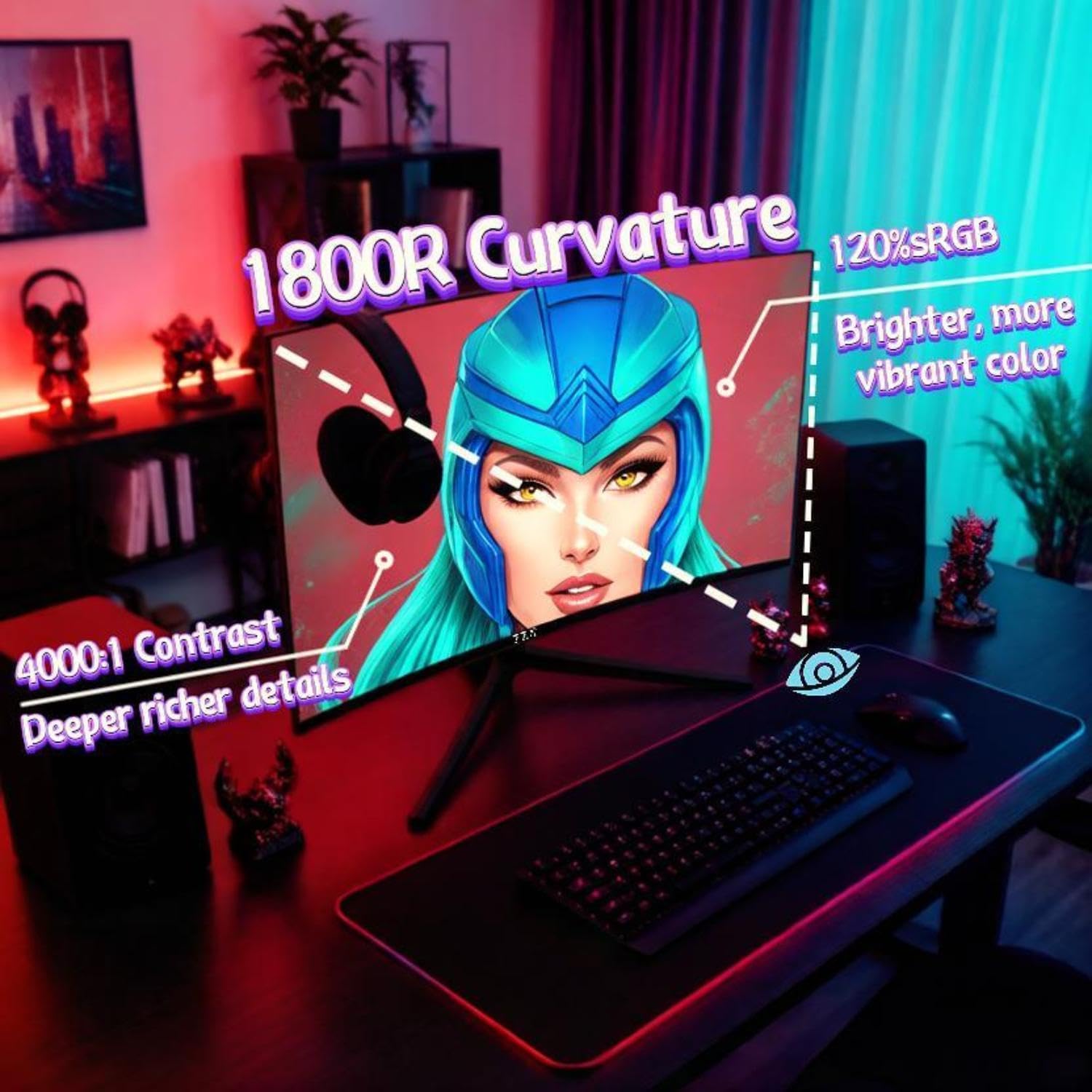 Thumbnail 1 de ZZA 27 Inch Curved Gaming Monitor (200Hz) — Full HD VA, FreeSync, HDMI & DisplayPort, VESA mountable