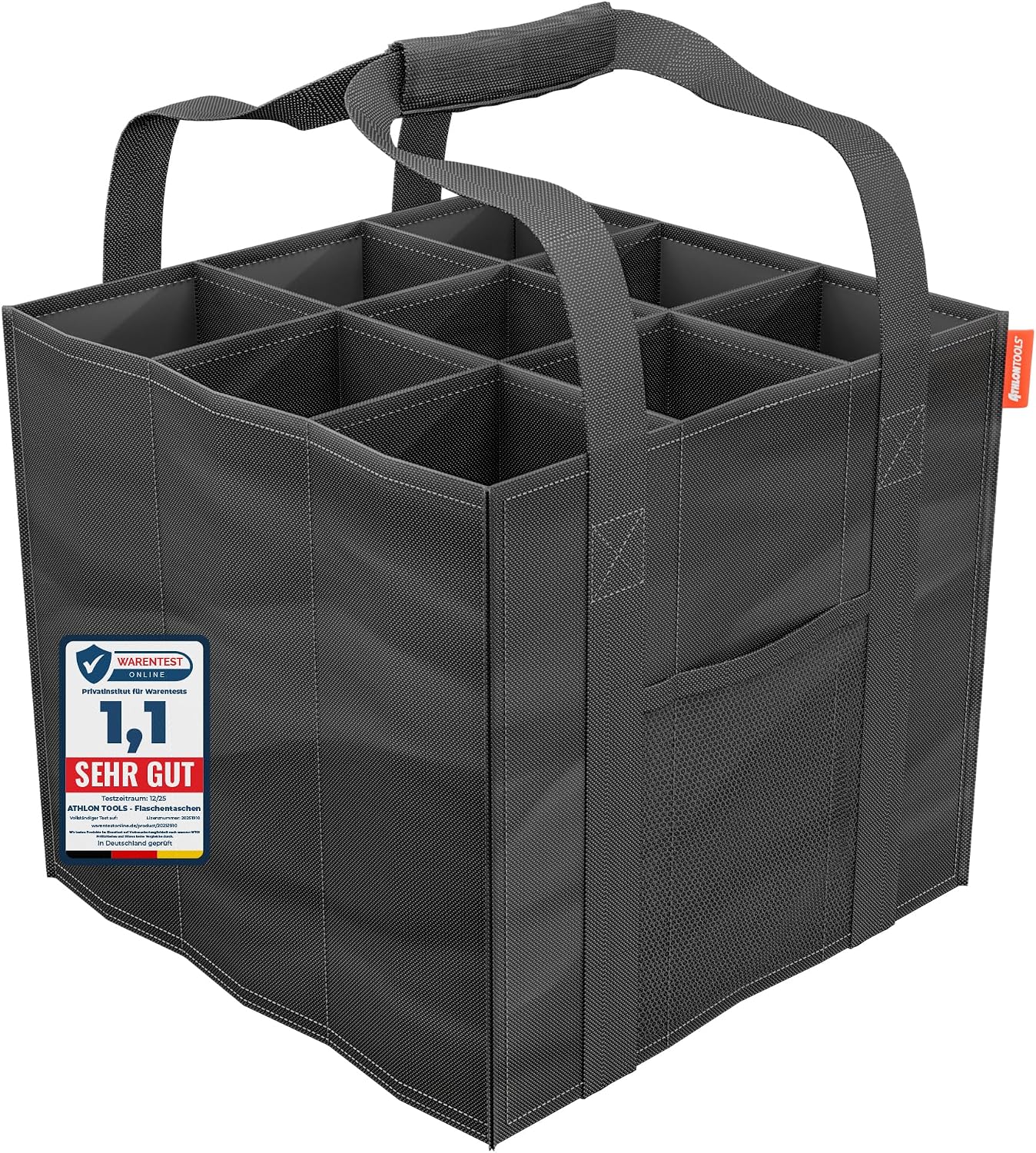 Detalle de ATHLON TOOLS Flaschenträger für 9 Flaschen – faltbare, wasserabweisende Einkaufstasche mit Trennwänden (schwarz)