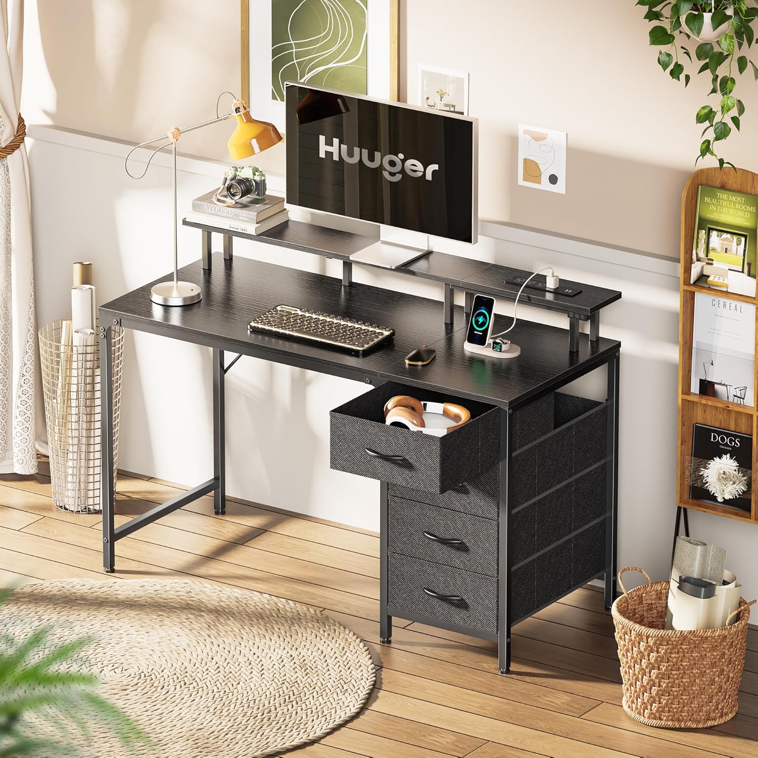 Thumbnail 6 de Huuger 47 Inch Computer Desk with Power Outlets and LED Lights (4 Drawers, Monitor Stand)