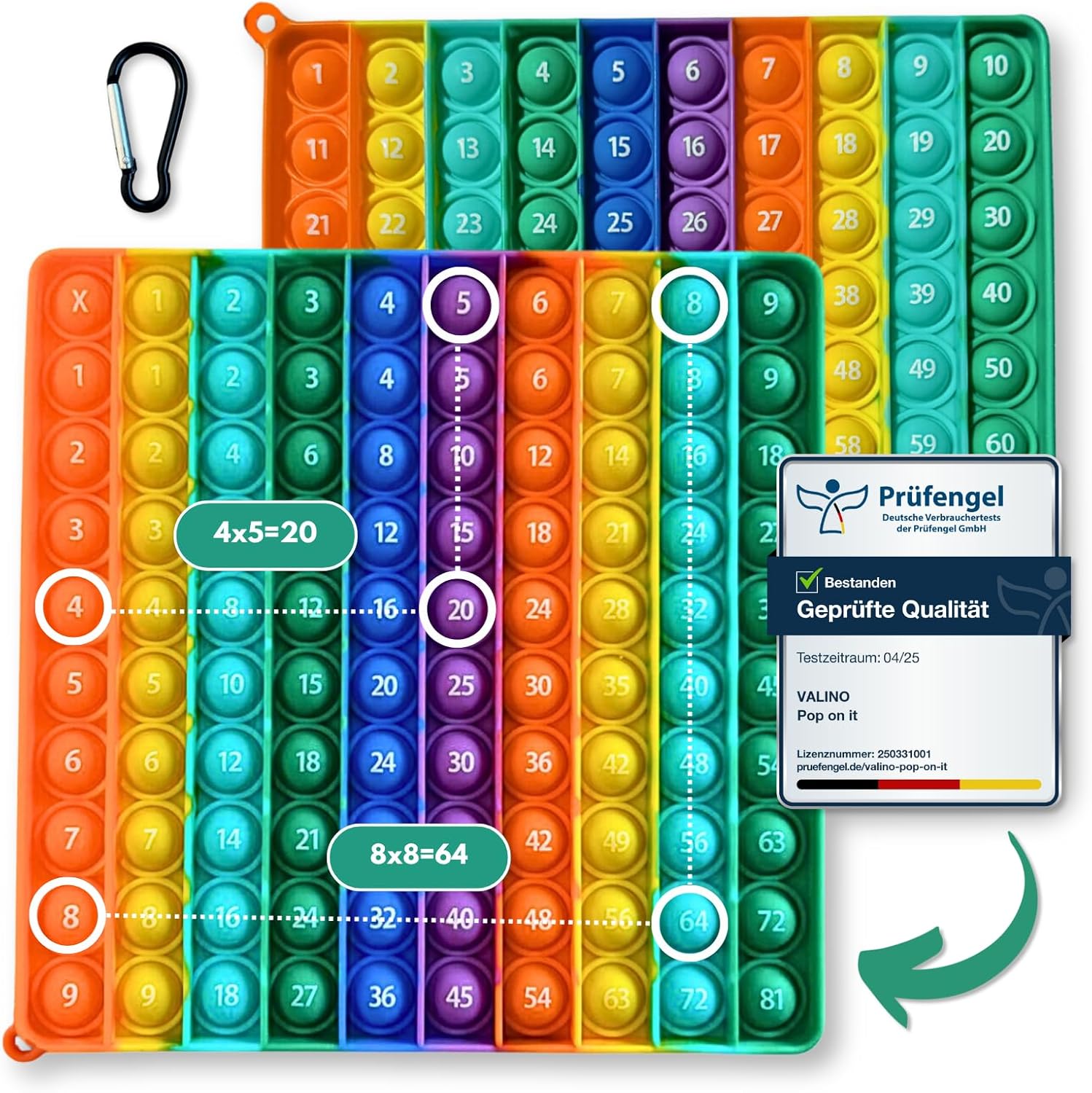Valino PopIt 2-in-1 Multiplikationsbrett & Hundertertafel: XXL Pop on It Lern- und Antistress-Spiel