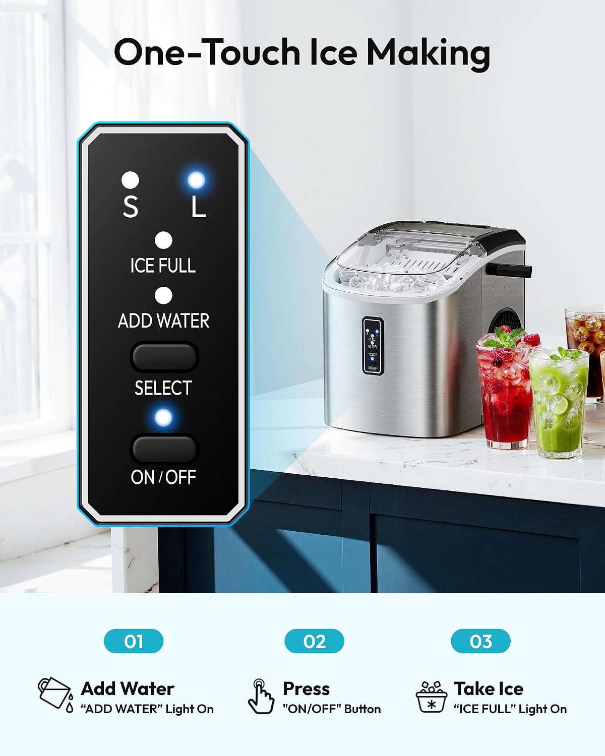 Detalle de EUHOMY IM008-B Countertop Ice Maker, Two Bullet Ice Sizes, Self-Cleaning