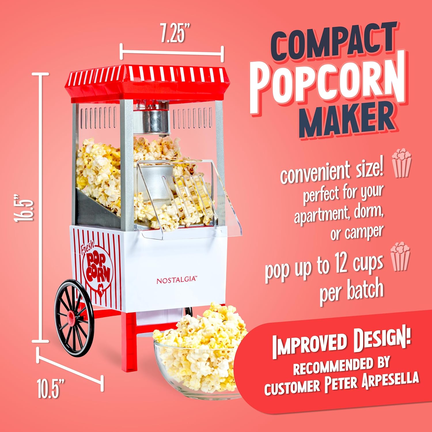 Detalle de Nostalgia Vintage Hot-Air Popcorn Maker: 12-Cup, Oil-Free, White & Red on a Classic Cart