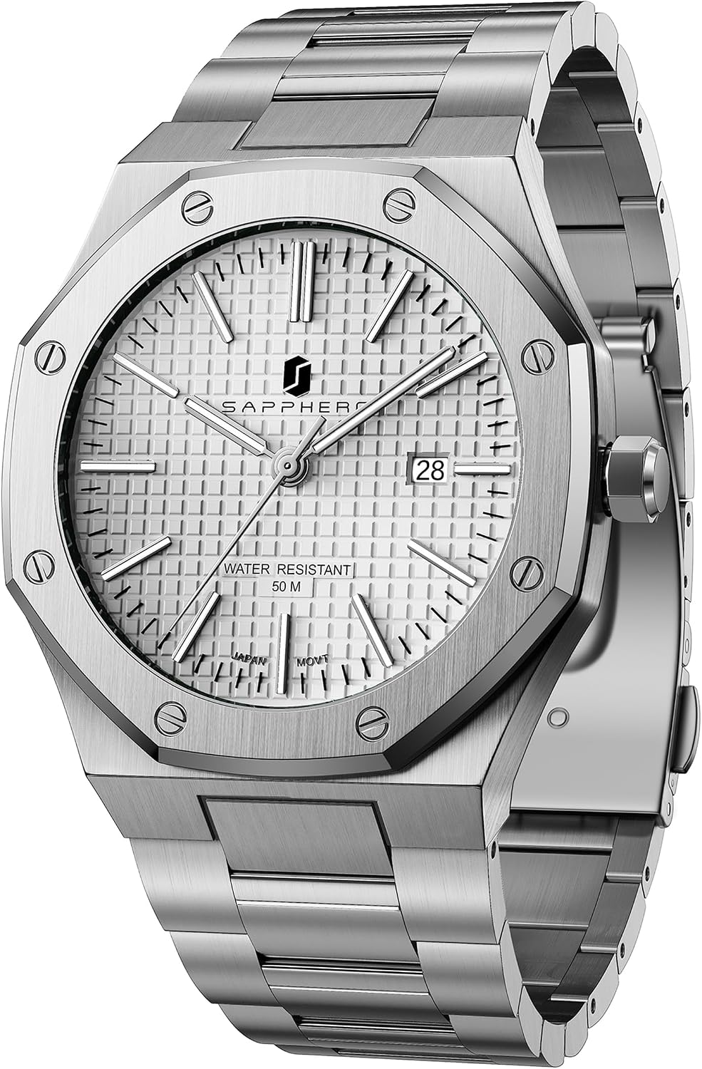 Detalle de SAPPHERO Montre homme octogonale à cadran damier, boîtier et bracelet en acier, quartz japonais