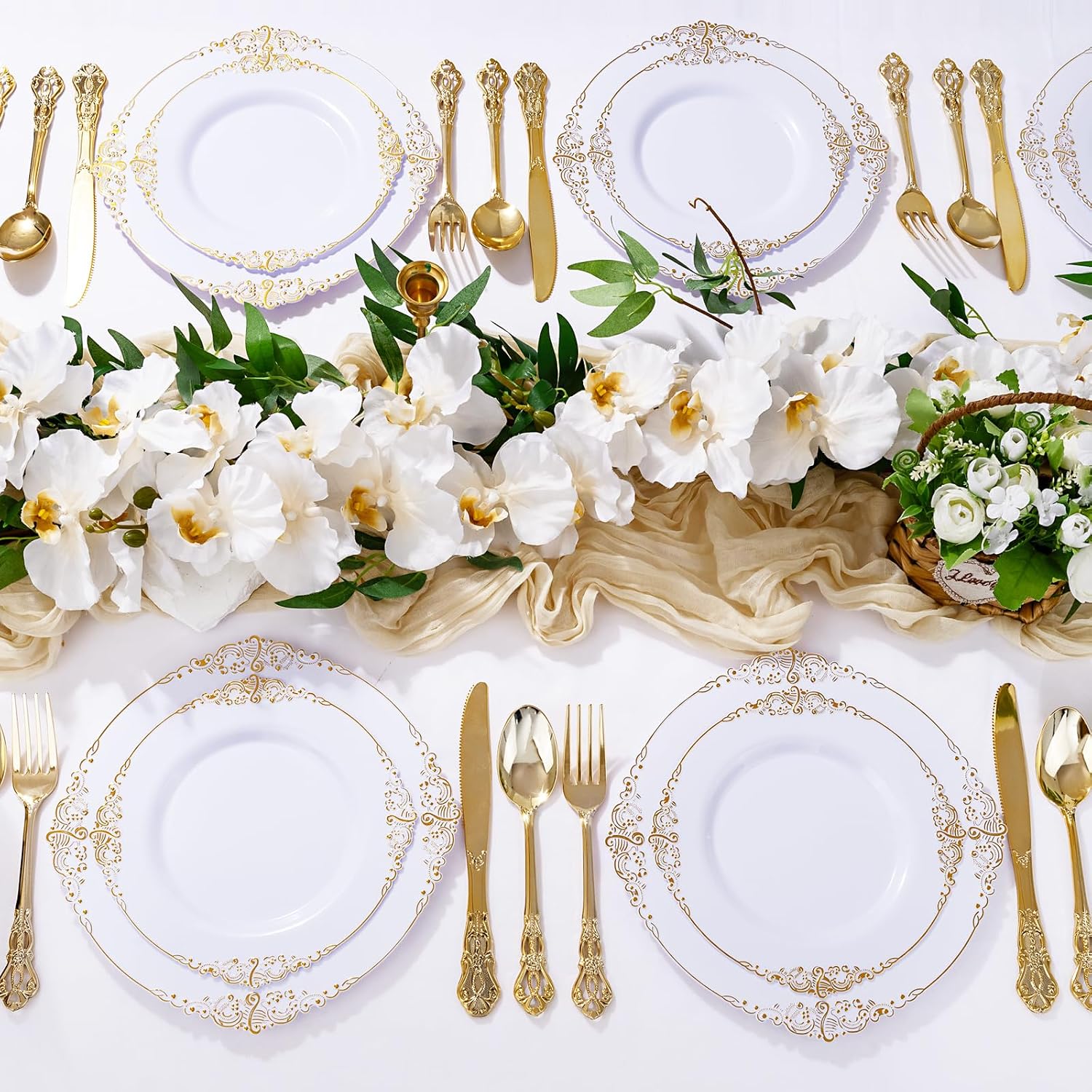Detalle de Joyido 300Pieces Gold Plastic Silverware Set (100 forks, 100 spoons, 100 knives) – Heavy-Duty, Vintage Gold Disposable Cutlery for Dinner Parties
