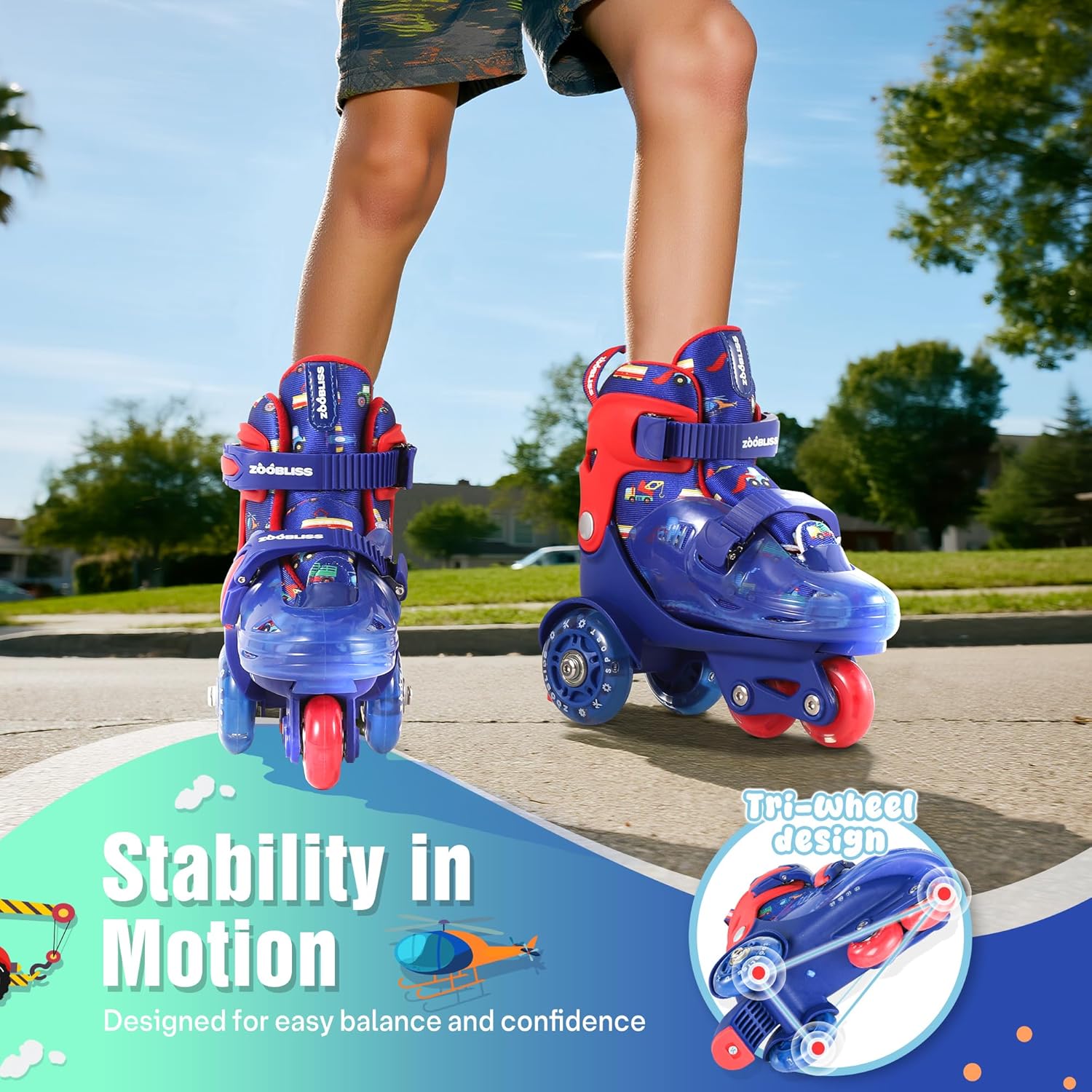 Detalle de ZOOBLISS Kids Roller Skates for Beginners (4-Size Adjustable, Tri-Wheel Training, Light-Up Wheels) for Ages 3-7