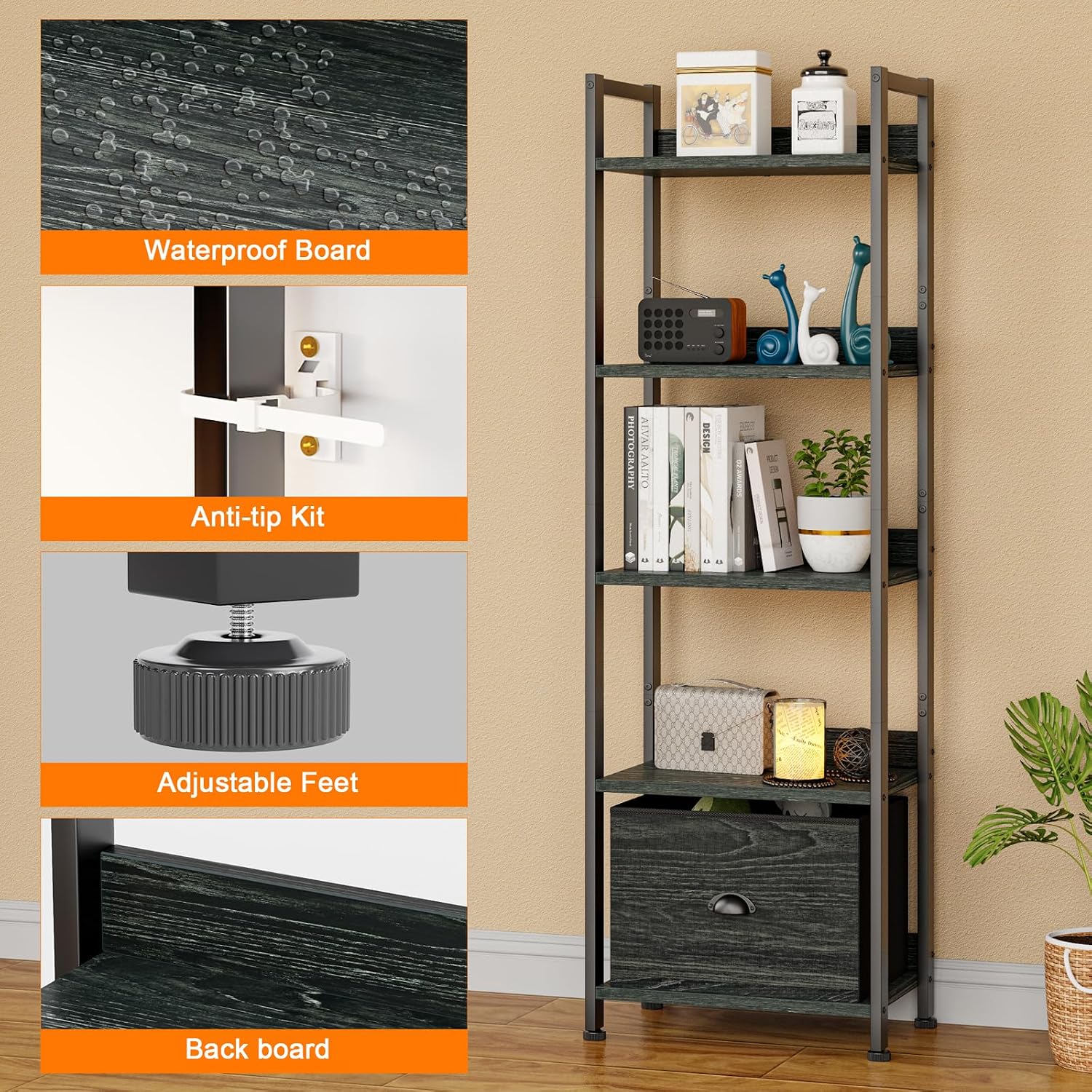 Detalle 2 de Furologee 5-Tier Bookshelf with Drawer, Black Oak, Narrow 55.5-Inch Shelf