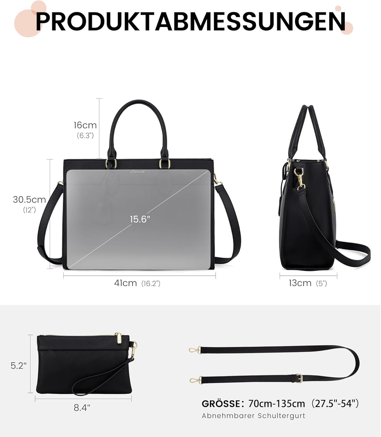 Thumbnail 2 de LOVEVOOK Laptoptasche Damen für 15,6 Zoll – große Arbeits-/Business-Umhängetasche mit Schutzfach, wasserdicht, Schwarz