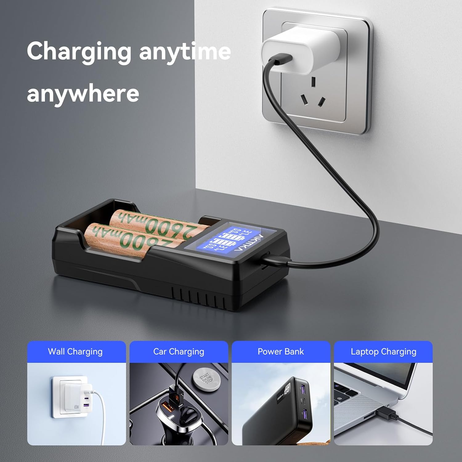 Thumbnail 4 de Set di 2 Batterie Li-ion 3,7V 2600mAh con Caricatore a 2 Slot e Display – per torce, lampade frontali e dispositivi a basso consumo