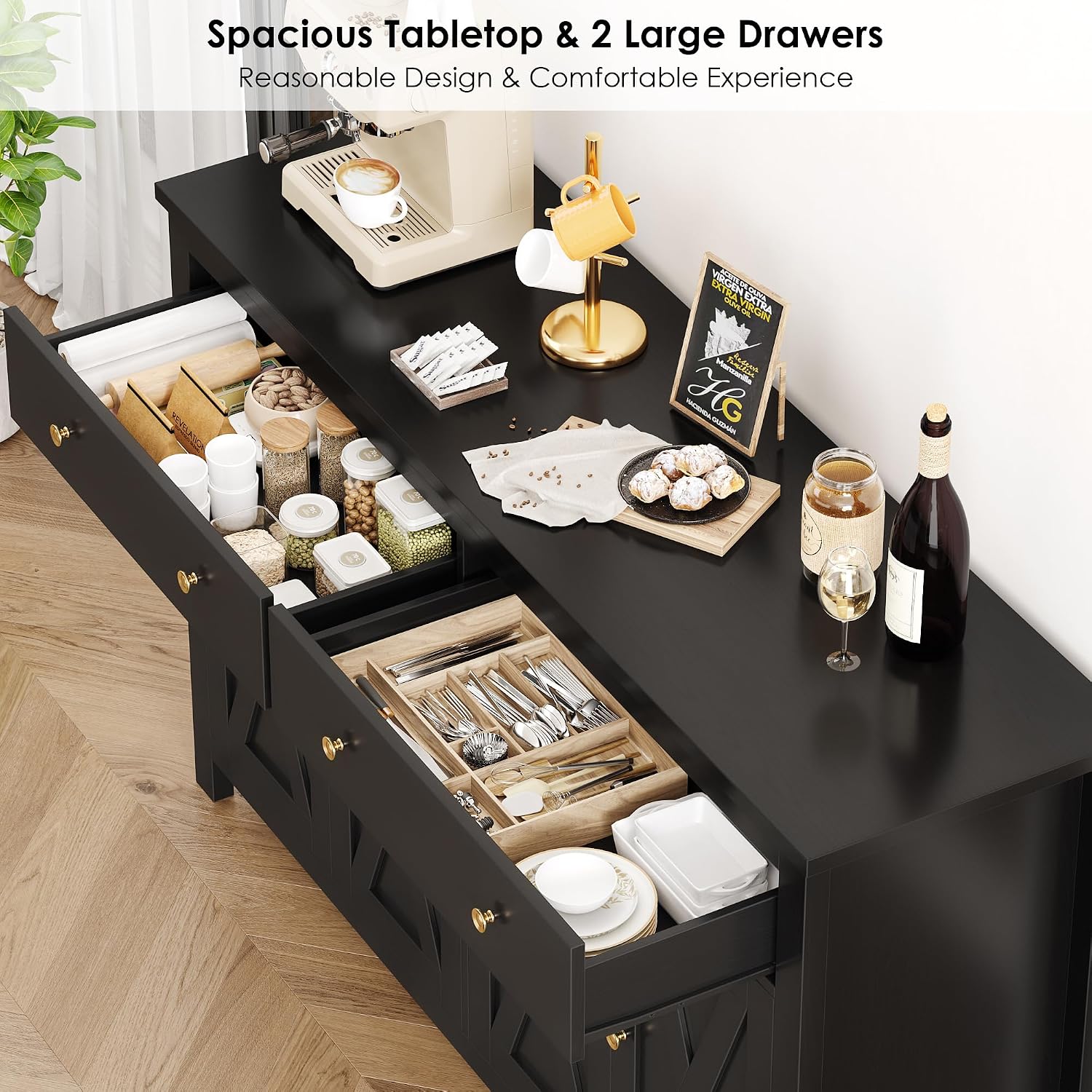 Detalle 2 de FirFurd P228 140cm Sideboard, Black Engineered Wood, 4 Doors, 2 Drawers
