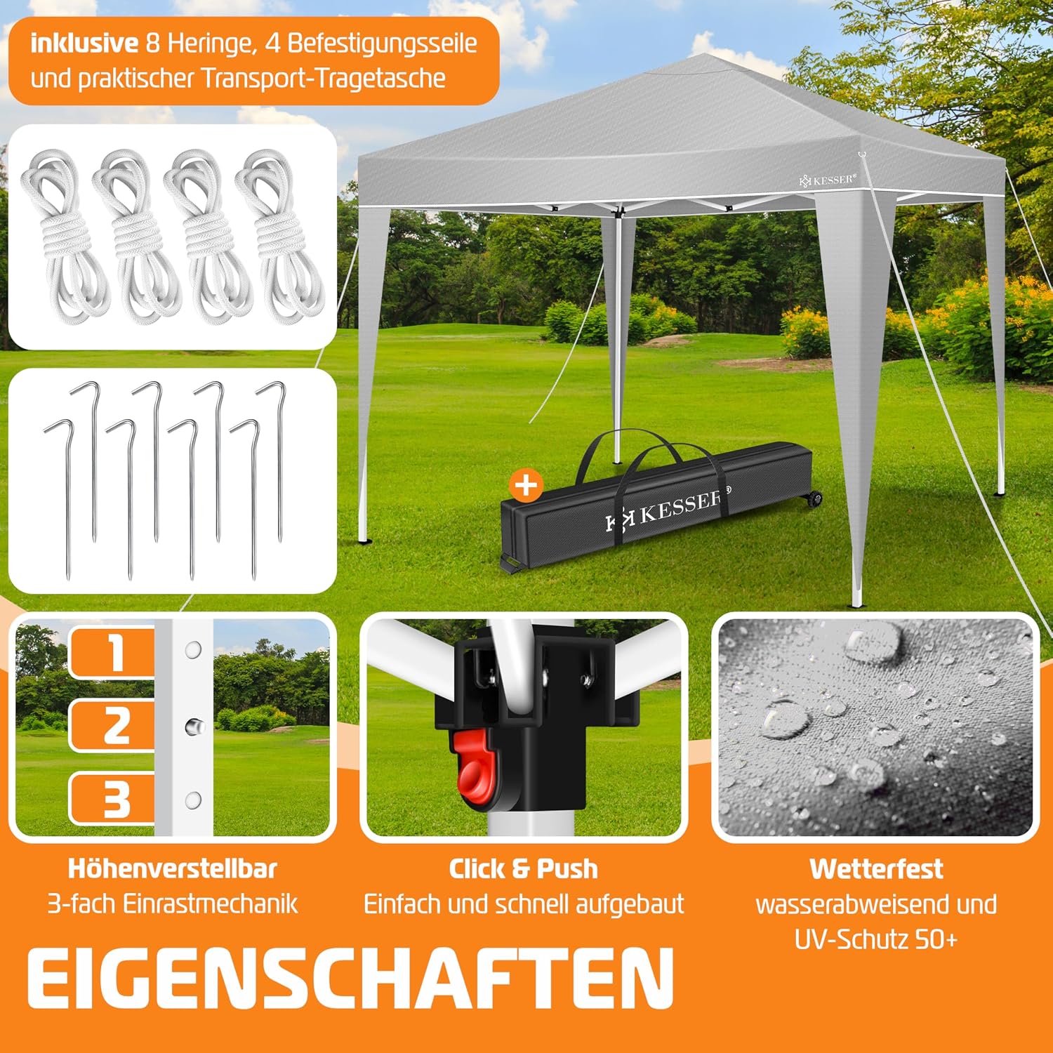 Detalle de KESSER Pavillon Faltpavillon 3x3m – stabil, höhenverstellbar, UV-Schutz 50+