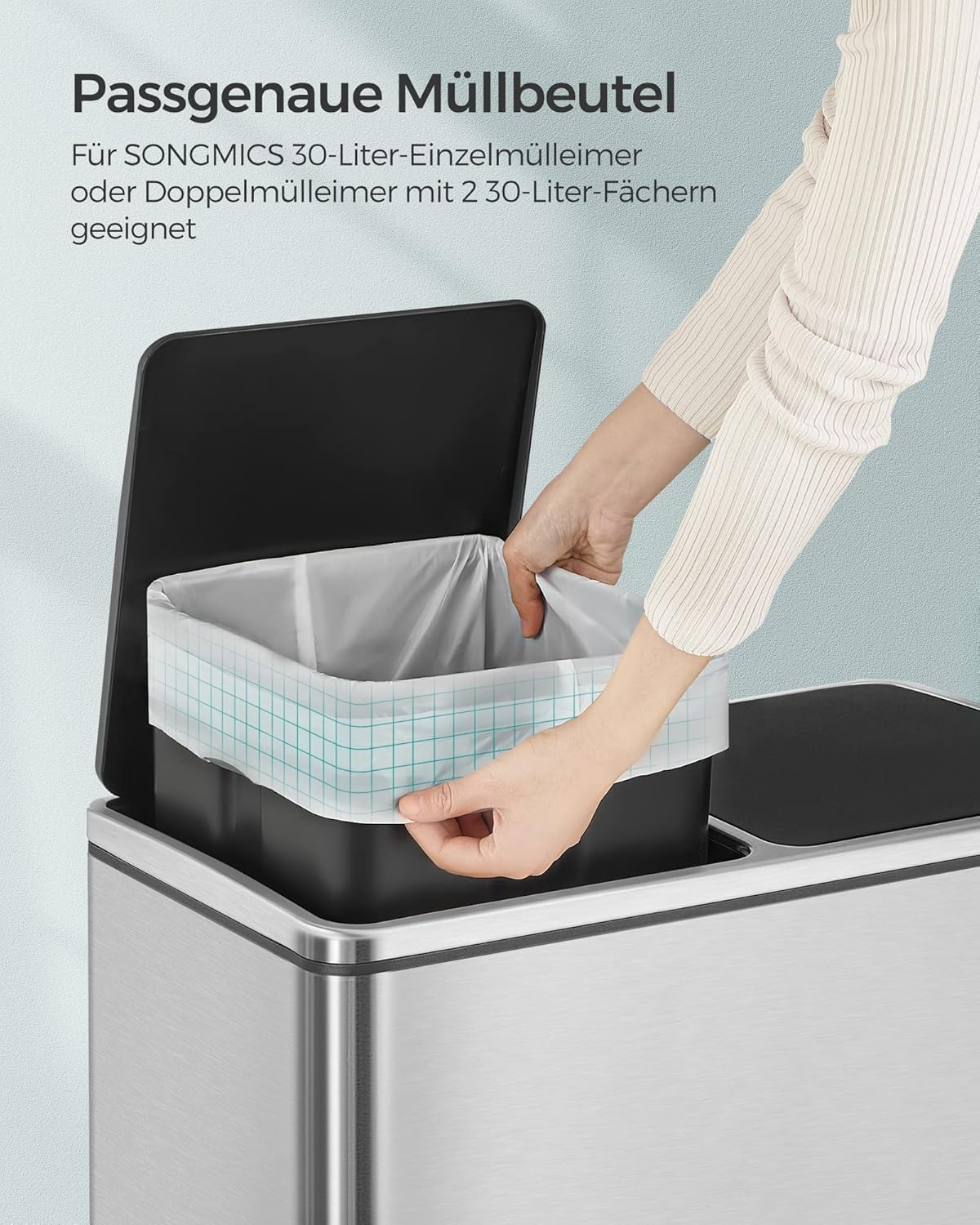Thumbnail 4 de SONGMICS Müllbeutel mit Zugband 30 Liter (20 µm), Code 30A – 2 Rollen mit je 45 Stück, weiß (KRB30A02)