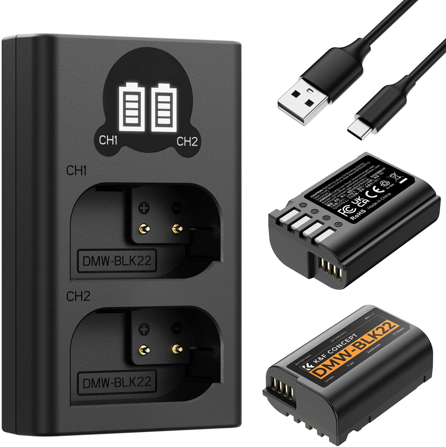 Detalle de K&F CONCEPT DMW-BLK22 Akku 2er-Pack (2400 mAh) + LCD Dual-Slot-Ladegerät für Panasonic Lumix