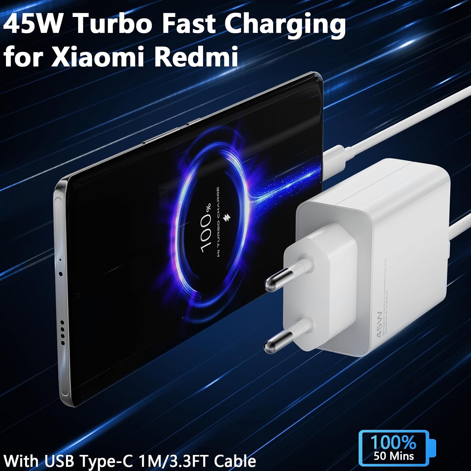Detalle de Chargeur USB-C 45W avec câble 1 m pour Xiaomi Redmi Note 14 Pro 5G et appareils compatibles